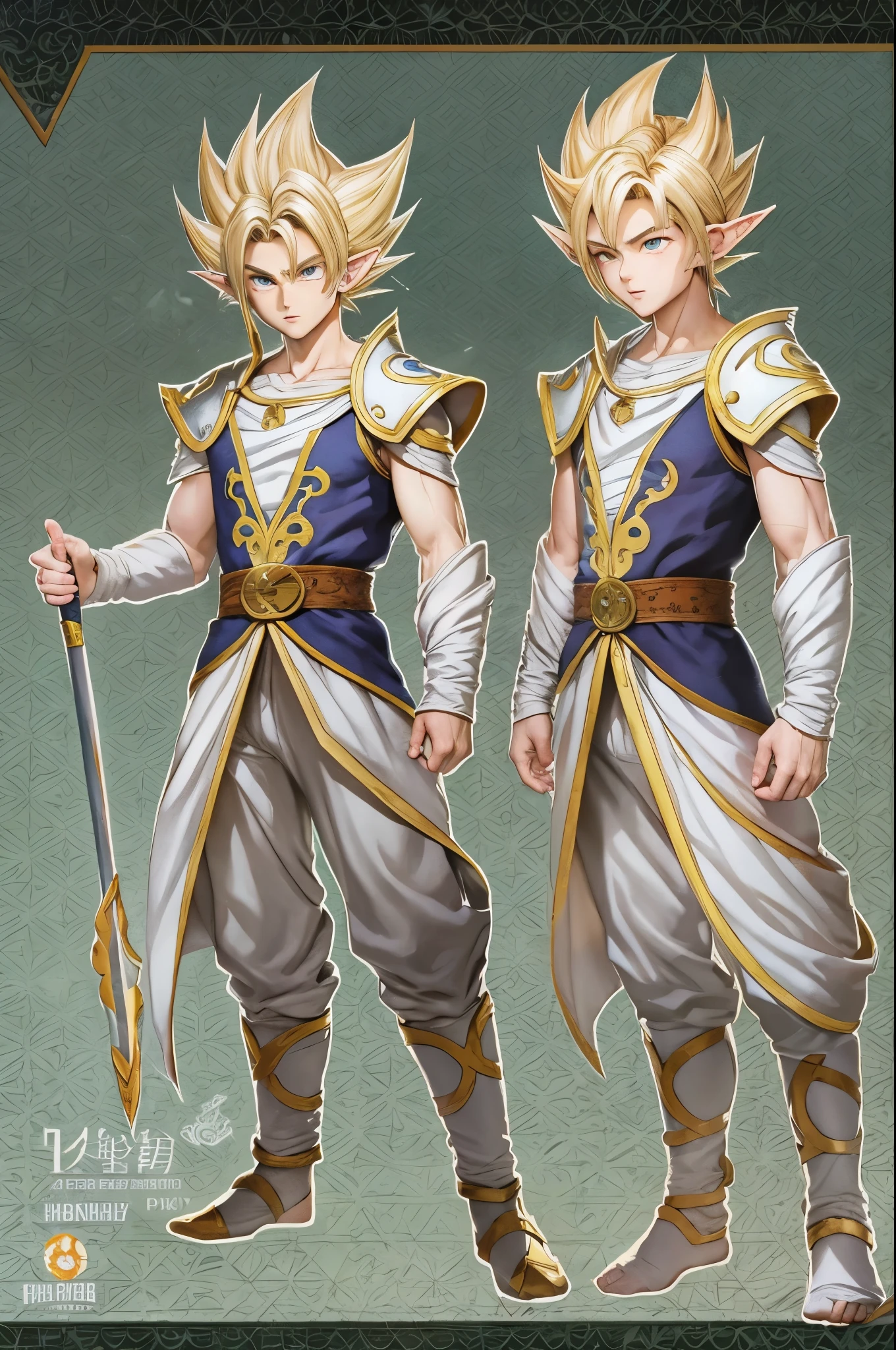 (master piece), 8k, best quality, full body view, elf boy, childlike appearance, male, teenager, 14 years old, 1.70 meters tall, white skin, thin body, pointed elf ears, beautiful eyes finely detailed silver color, high forehead, spiky yellow blonde hair like Gohan from the anime dragon ball (super saiyan), incredibly handsome, smiling, conservative elven outfit, conservative posture, talking