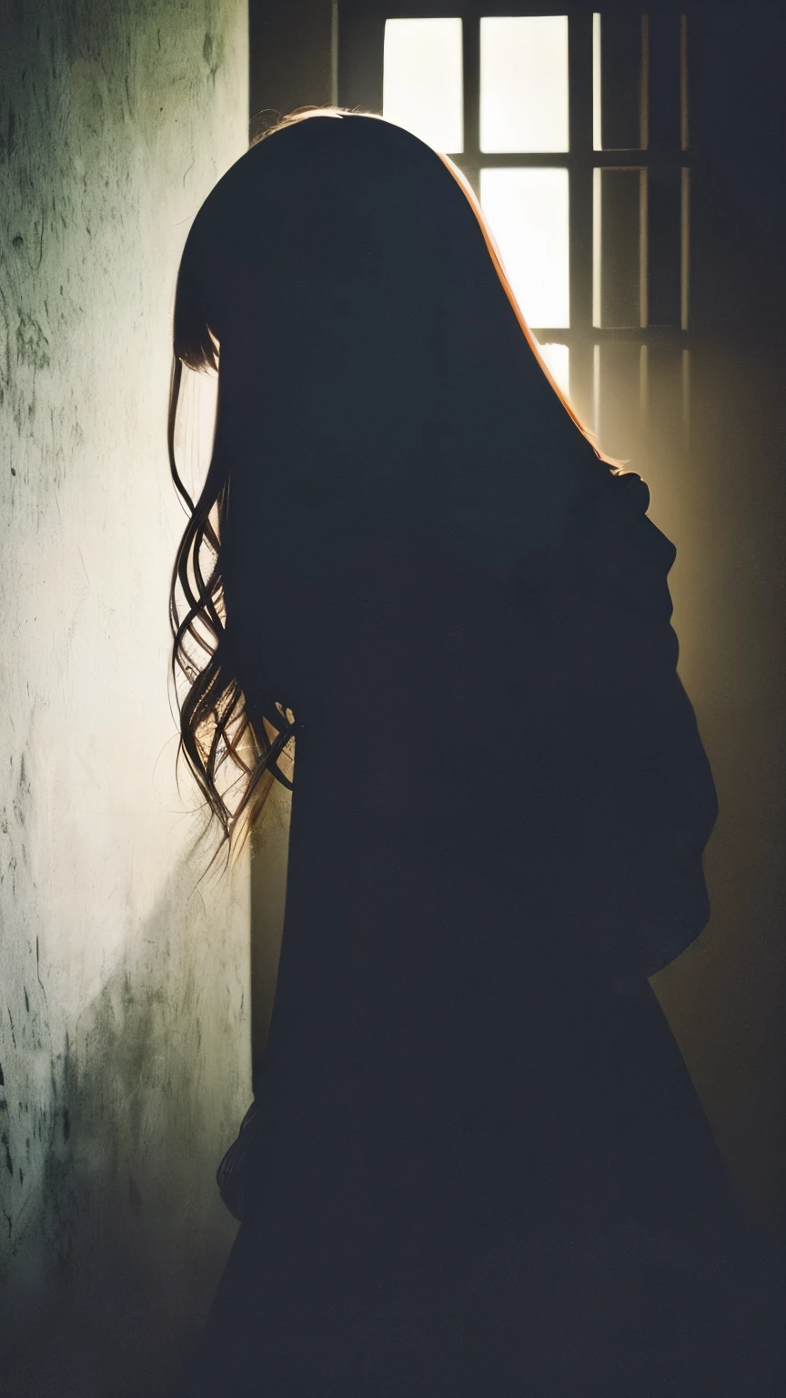 highest quality、masterpiece、beautiful girl silhouette、medium hair、look at books in secret places、scary atmosphere、people feel fear、
