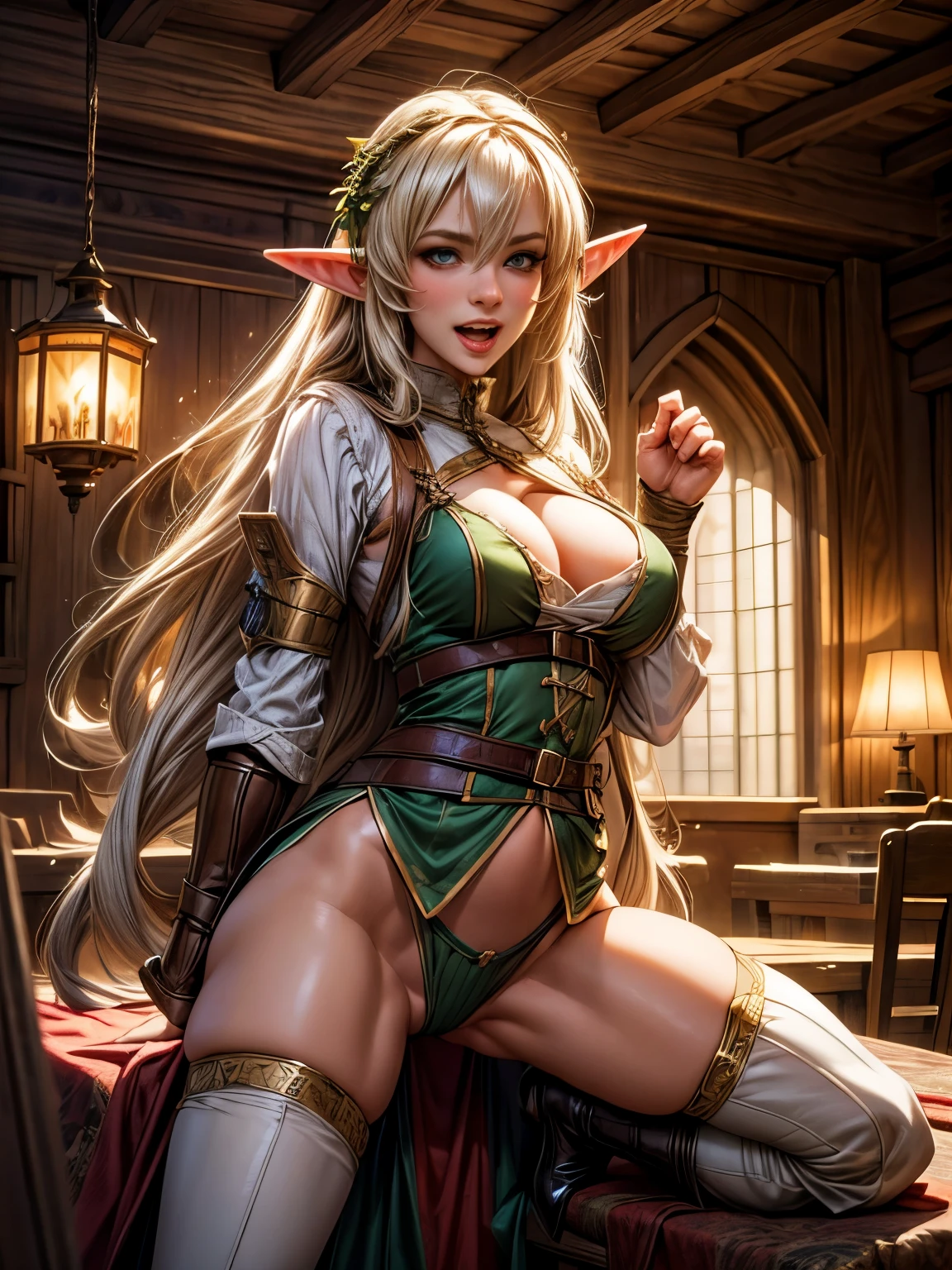 (Sexy) 1 adult horny woman elf archer, with long hair, dressed in medieval clothing, excited state, slightly open mouth, slight smile, fighting erotic pose in the middle of a room with medieval interiors and decor, looking at the viewer. photorealistic, soft light, Overall detail: 1.5