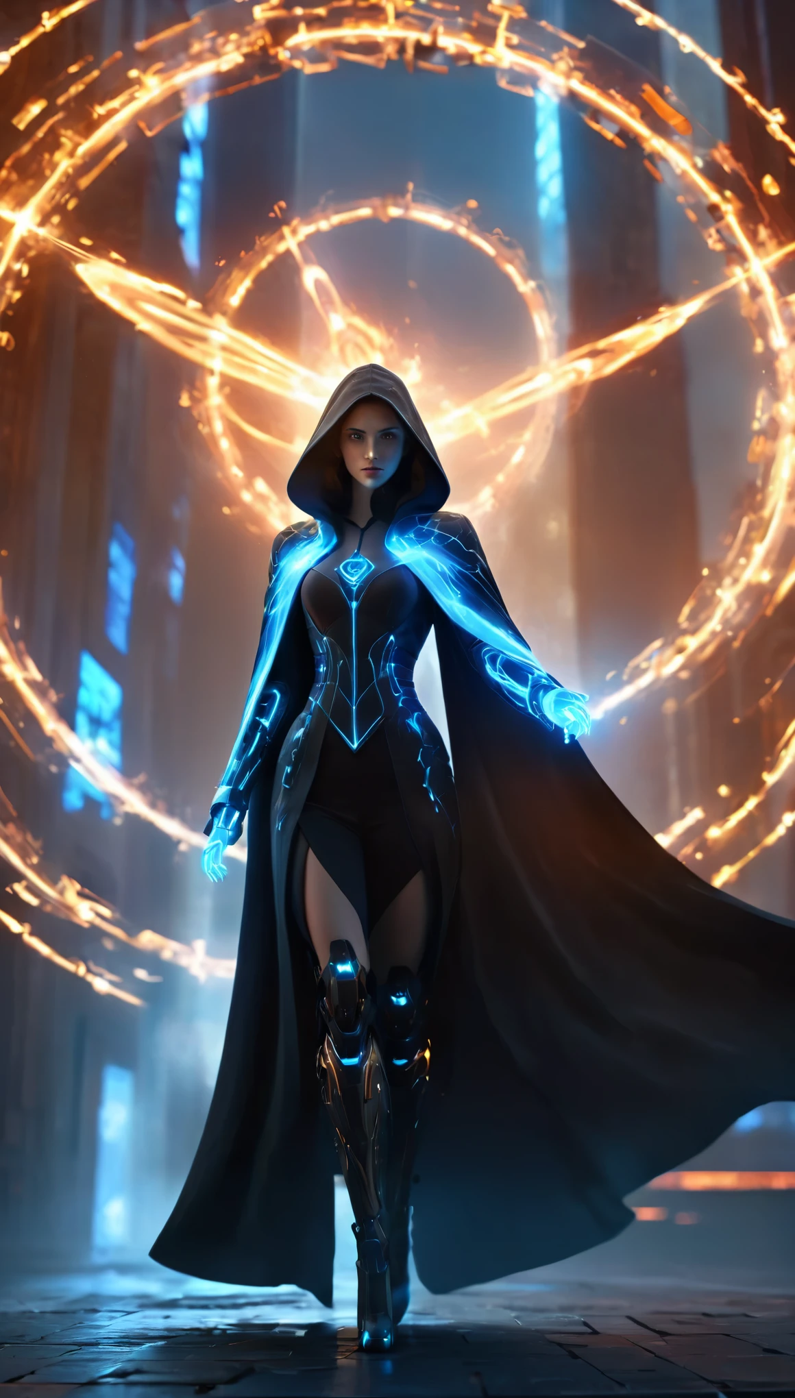 magic circle,magic array,magic circles,magic array,1girl,mecha,black,cloak,dark style,ultra wide,octane render masterpiece,beautiful depth of field,ultra wide field,ultra detailed CG perspective,ultra dynamic lighting amazing shadows,cityscape,hell,blue fluorescence,