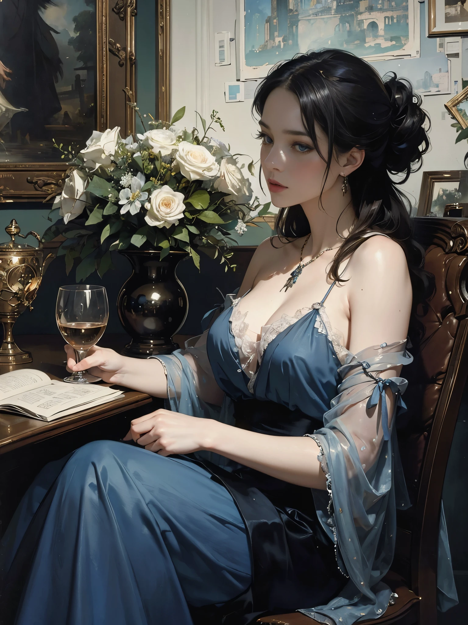 (beautifull lady with very large gigantic round fake breast, wearing luxurious kimono, sit on luxury chair spread her legs, (hand behind head),(luxury pillow), (luxury blanket), (window with luxury frame), (luxury flower vase), (luxury small table and glass of wine), (luxury lamp), (luxury parfume bottle), (luxury ornament on the wall), (blue strapless bra), (luxury high heels), (luxury crown), (show cleaveage), (show underboobs) , (show sideboobs), (show thigh), (gigantic breast:1,9), beautifull face, beautifull eyes, beautifull nose, sexy lips, raytracing, nsfw, beautifull fingers, beautifull hands, sexy belly, , sexy shoulders, sexy legs, sexy hips, (luxury bracelet), (luxury ring), (luxury necklace), white skin, (4 fingers in 1 hand), full body picture, pretty makeup, good lighting, realistic shadow, professional photography, blue and gold color scheme, 2k resolution, perfect anatomy, nsfw, (masterpiece, best quality:1.2),(8k,highres,RAW photo,realistic,photo-realistic:1.3),(detailed skin texture,detailed cloth texture,beautiful detailed face:1.25),professional lighting,photon mapping,beautiful soft light,radiosity,physically-based rendering,raytracing, model shoot style, model shoot style, (extremely detailed CG unity 8k wallpaper), full shot body photo of the most beautiful
artwork in the world,