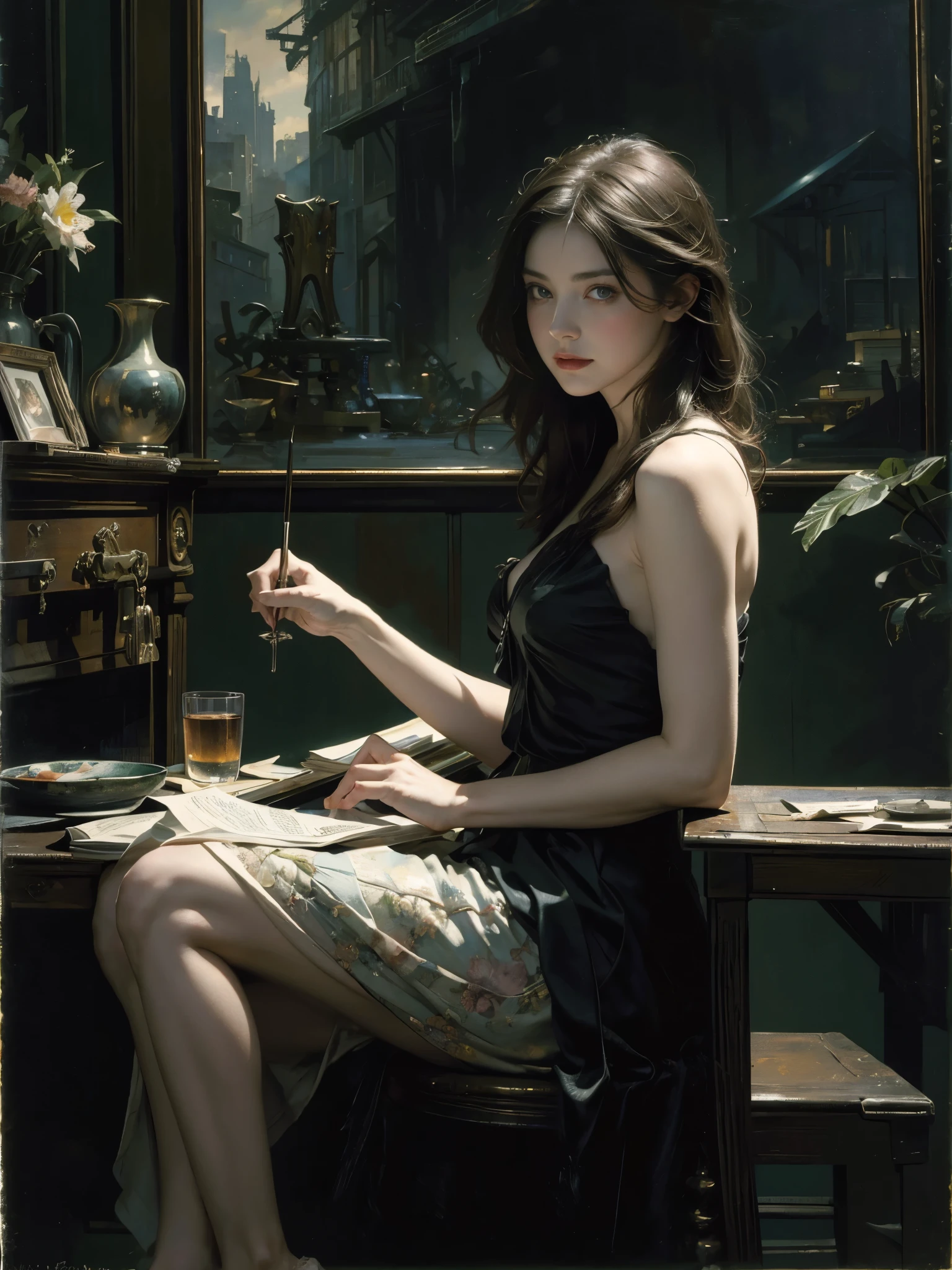 painting of woman, with influence of Jeremy Mann, Jeremy Mann, style of Jeremy Mann, Jeremy Mann painting, Jeremy Mann art, Ron Hicks, Liepke, Jeremy Mann and alphonse mucha, Works that influenced Edmund Blampid, robert lenkiewicz, Casey Baugh and James Jean, Works that influenced Willem Kalf, Nick Alm, tumbler, figurative art, intense watercolor, watercolor detailed art,Beautiful and expressive paintings, Beautiful artwork illustration, wonderful, cool beauty, highest quality, official art, perfect composition,perfect angle, best shot, women only, sharp outline, Mysterious, nostalgia, nostalgia, romantic, fantasy, The blurred boundary between past and present, very beautiful and detailed eyes, beautiful and delicate eyes, ideal animation, In search of lost time, marcel proust, sentimental, Paris in the first half of the 20th century, montparnasse, outdoor, Close-up