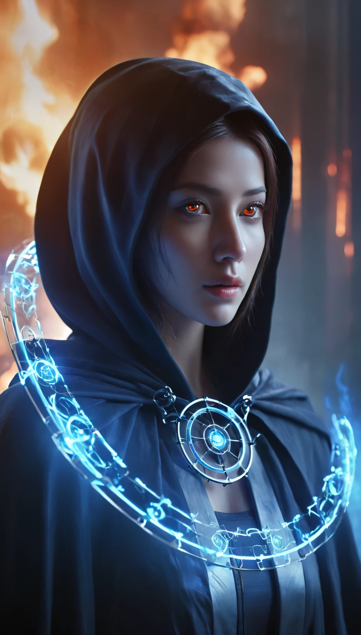 magic circle,magic array,magic circles,magic array,1girl,mecha,black,cloak,dark style,ultra wide,octane render masterpiece,beautiful depth of field,ultra wide field,ultra detailed CG perspective,ultra dynamic lighting amazing shadows,cityscape,hell,blue fluorescence,