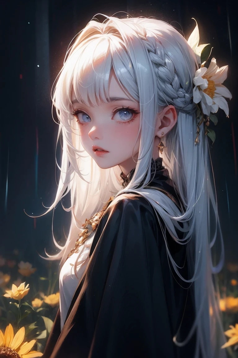 1 girl,alone,1 girl,alone,((Beautiful and delicate eyes)), (detail light),depth of field,(white hair),silver eyes,hair covering one eye,(safflower ), hair flower,long hair,black cloak,wet,emotionless,look back,night,Starfall,rain,FOG,safflowers falling,sketch,Upper body,strong shadow