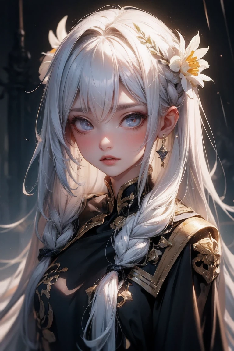 1 girl,alone,1 girl,alone,((Beautiful and delicate eyes)), (detail light),depth of field,(white hair),silver eyes,hair covering one eye,(safflower ), hair flower,long hair,black cloak,wet,emotionless,look back,night,Starfall,rain,FOG,safflowers falling,sketch,Upper body,strong shadow