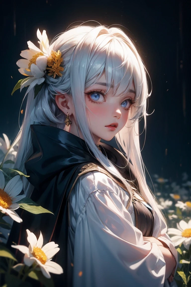 1 girl,alone,1 girl,alone,((Beautiful and delicate eyes)), (detail light),depth of field,(white hair),silver eyes,hair covering one eye,(safflower ), hair flower,long hair,black cloak,wet,emotionless,look back,night,Starfall,rain,FOG,safflowers falling,sketch,Upper body,strong shadow
