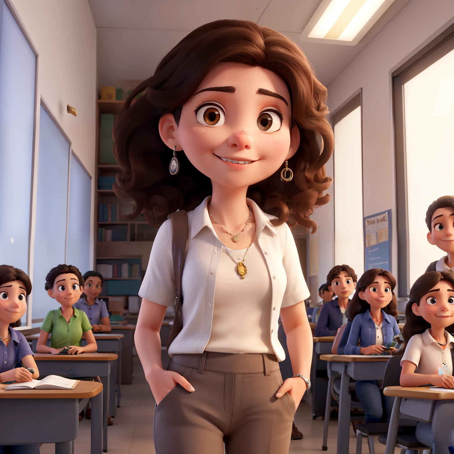 A computer science teacher with white skin and a pretty face, with brown eyes and hair, viste pantalones de mezclilla y una blusa blanca. Her hair falls over her shoulders as she holds her cell phone in her hand. She is wearing a necklace and standing in a classroom decorated with dolls and animations. En una de las paredes, se puede ver un cuadro con el nombre "Flor".