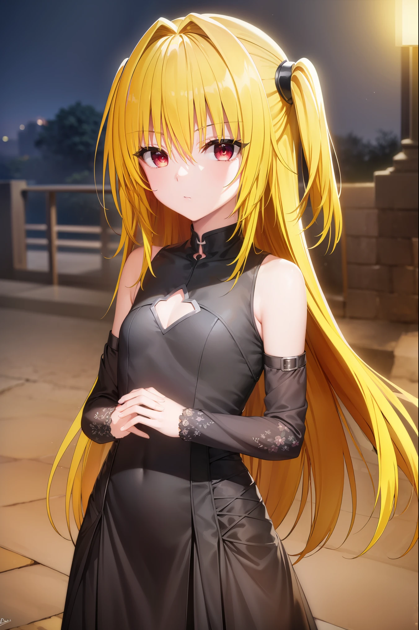 toloveruyami, yami, (yellow hair:1.5), long hair, (red eyes:1.5), (hair ornament:1.2), two side up, (small chest:1.2), 
BREAK sleeveless, detached sleeves, dress, black dress, black skirt, clothing cutout, cleavage cutout,
BREAK outdoors, night, sky, star \(sky\), moon,
BREAK looking at viewer, (cowboy shot:1.5),
BREAK (masterpiece:1.2), best quality, high resolution, unity 8k wallpaper, (illustration:0.8), (beautiful detailed eyes:1.6), extremely detailed face, perfect lighting, extremely detailed CG, (perfect hands, perfect anatomy),