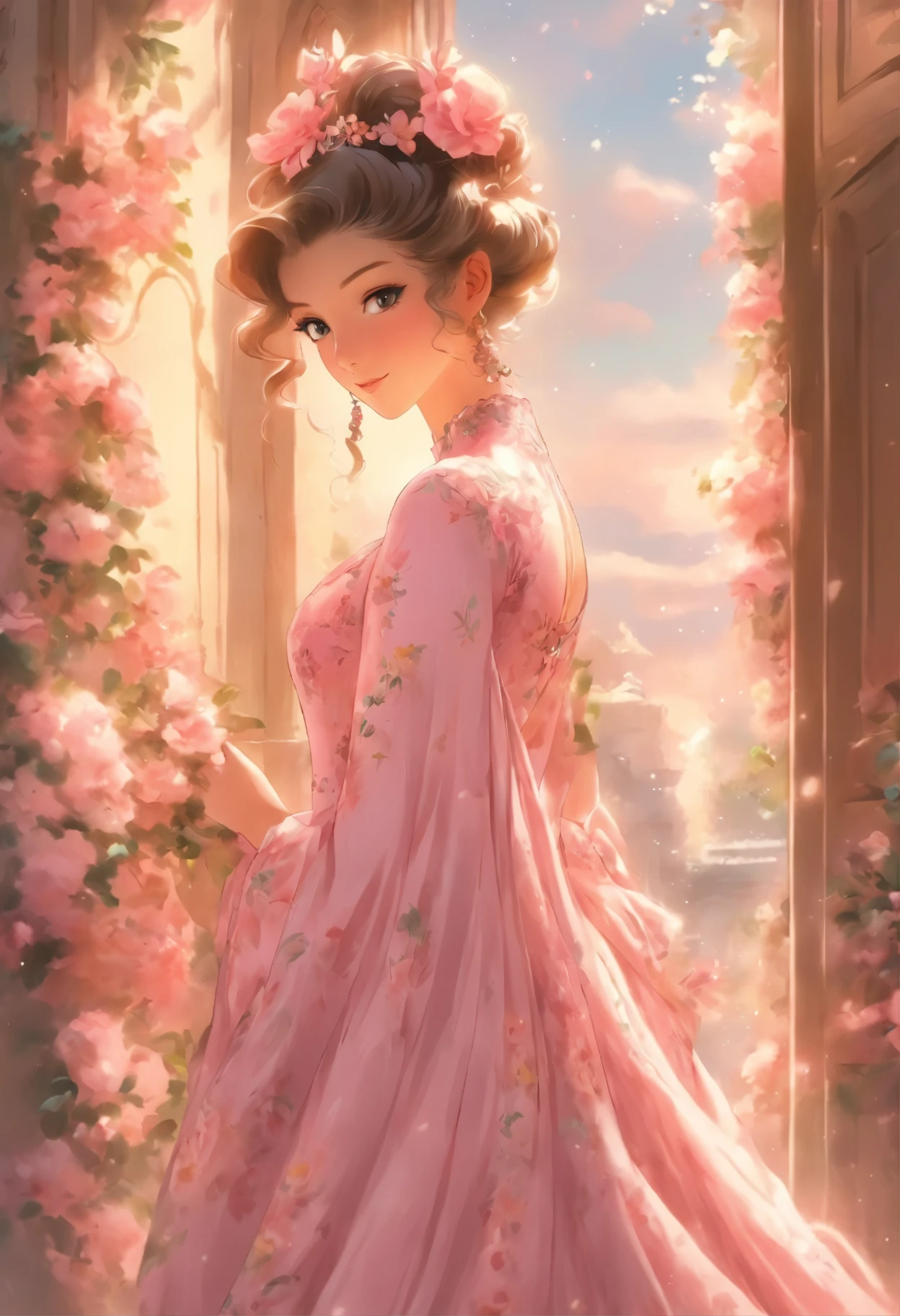 araffe woman in a pink dress standing in a doorway, looks like ebru şahin, wearing pink floral gown, dilraba dilmurat, romantic dress, dressed in a pink dress, beautiful silky dress, dress in the style of rococo, beautiful dress, olivia culpo as milady de winter, inspired by Gabriel Ba, stunning elegant