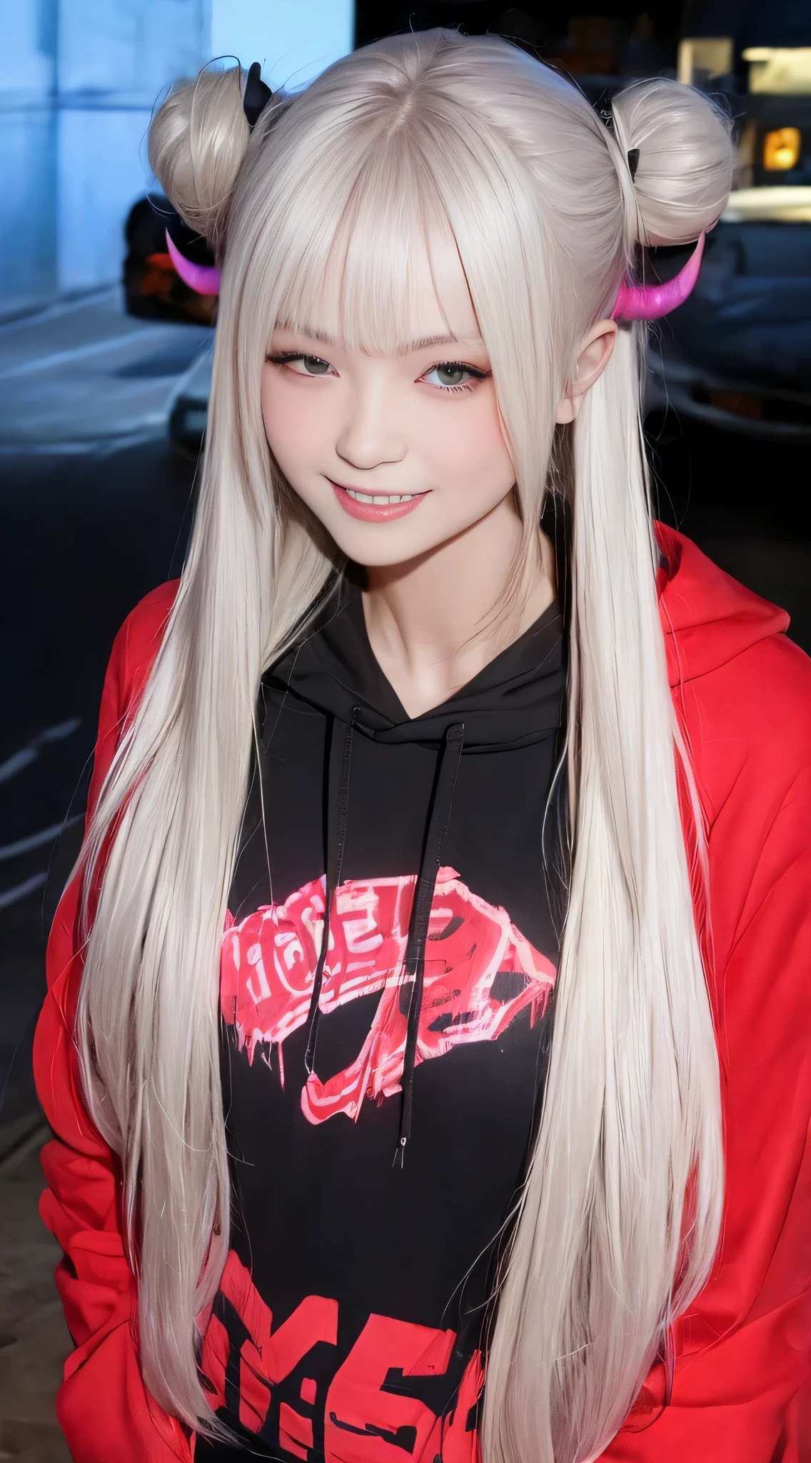 detailed background, masterpiece, best quality, smile, nakiri ayame, streaked hair, oni horns, white hair, twin buns, red eyes, smile, hoodie, portrait, neon, graffiti, dark, night, glowing eyes, blacklight