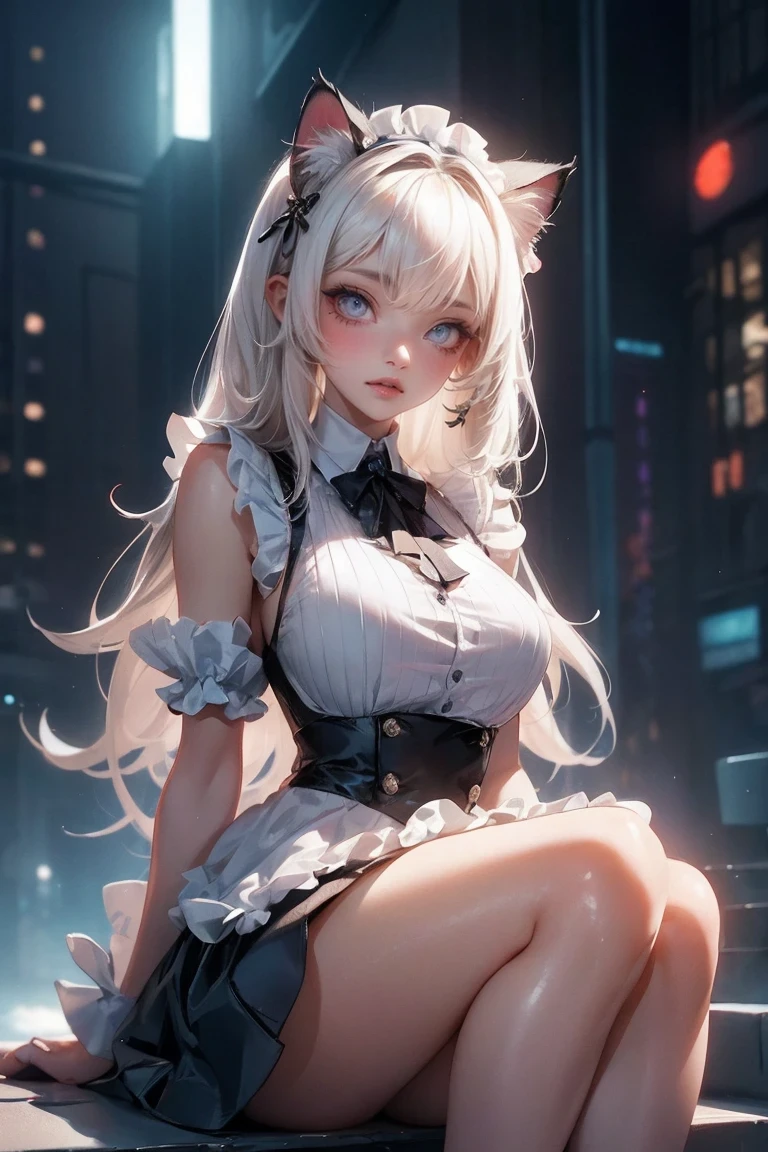 (masterpiece:1.3), (8K、best quality:1.3), Highest image quality, intricate details, high resolution, depth field, Natural light, professional lighting, (1 girl), (solo), gravure, (A very beautiful 18 year old British girl), (very beautiful:1.3), (very cute face:1.3), (Beautiful face with perfect symmetry), (high detail skin: 1.2), Photorealistic anime girl rendering, Realistic anime 3D style, beautiful platinum blonde hair, long hair, crossed bangs, asymmetrical bangs, eyelashes, intense red eyes, strong eye highlights, (awesome cat ears:1.3), very big breasts, perfect anatomy, I can see the whole body, (beautiful platinum blonde hairのミドルウェーブヘア), (beautiful blue eyes, Beautiful eyelashes、realistic eyes)), dynamic angle, ((perfect anatomy)), ((english maid, white frilled maid headband, ruffle blouse, ribbon tie, apron, navy blue skirt, silk socks, high heels)), ((silk lace panties, shiny thighs)), (Looking back, look up at the camera), it's raining, my body gets wet from the rain, Decadent and futuristic urban area in the evening, (cyberpunk city), (futuristic car, flashing red light), (lightning is shining), volume lighting, soft light, Bright colors, watercolor painting, bright colors, Create digital artwork in pop art style
