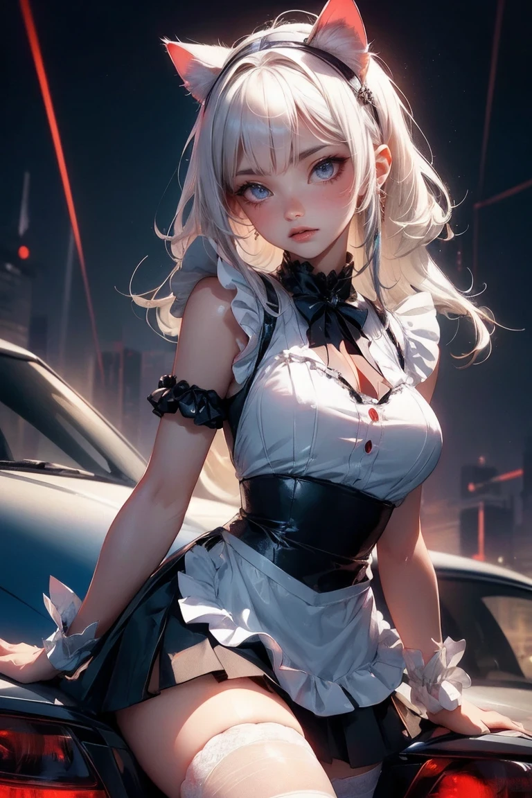 (masterpiece:1.3), (8K、best quality:1.3), Highest image quality, intricate details, high resolution, depth field, Natural light, professional lighting, (1 girl), (solo), gravure, (A very beautiful 18 year old British girl), (very beautiful:1.3), (very cute face:1.3), (Beautiful face with perfect symmetry), (high detail skin: 1.2), Photorealistic anime girl rendering, Realistic anime 3D style, beautiful platinum blonde hair, long hair, crossed bangs, asymmetrical bangs, eyelashes, intense red eyes, strong eye highlights, (awesome cat ears:1.3), very big breasts, perfect anatomy, I can see the whole body, (beautiful platinum blonde hairのミドルウェーブヘア), (beautiful blue eyes, Beautiful eyelashes、realistic eyes)), dynamic angle, ((perfect anatomy)), ((english maid, white frilled maid headband, ruffle blouse, ribbon tie, apron, navy blue skirt, silk socks, high heels)), ((silk lace panties, shiny thighs)), (Looking back, look up at the camera), it's raining, my body gets wet from the rain, Decadent and futuristic urban area in the evening, (cyberpunk city), (futuristic car, flashing red light), (lightning is shining), volume lighting, soft light, Bright colors, watercolor painting, bright colors, Create digital artwork in pop art style