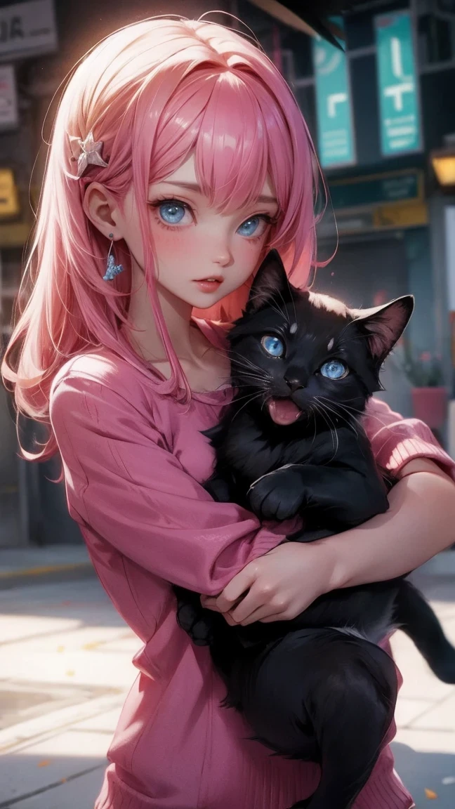 girl with cat, black cat, pink hair blue eyes, avatar