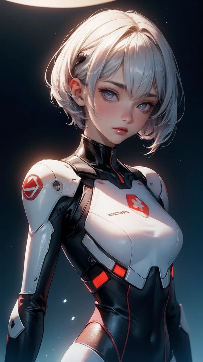 (best quality:1.2),1girl,solo,standing_split,Ayanami Rei,white bodysuit,red eyes,pilot suit,short hair,blue hair,bangs,interface headset,turtleneck,hair between eyes,pixelated background,neon lights,sci-fi color scheme,vivid colors,metallic texture,detailed shading,holographic interface,dark atmosphere,high contrast,sharp focus,wisps of hair,reflective surface,exquisite details,high-res,studio lighting,red accents,illuminated surroundings,artificial intelligence assistant