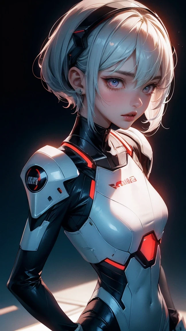 (best quality:1.2),1girl,solo,standing_split,Ayanami Rei,white bodysuit,red eyes,pilot suit,short hair,blue hair,bangs,interface headset,turtleneck,hair between eyes,pixelated background,neon lights,sci-fi color scheme,vivid colors,metallic texture,detailed shading,holographic interface,dark atmosphere,high contrast,sharp focus,wisps of hair,reflective surface,exquisite details,high-res,studio lighting,red accents,illuminated surroundings,artificial intelligence assistant