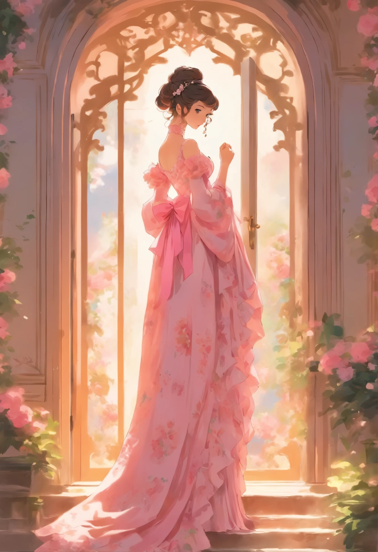 araffe woman in a pink dress standing in a doorway, a pastel inspired by Gabriel Ba, instagram, arabesque, looks like ebru şahin, wearing pink floral gown, dilraba dilmurat, romantic dress, dressed in a pink dress, beautiful silky dress, dress in the style of rococo, beautiful dress