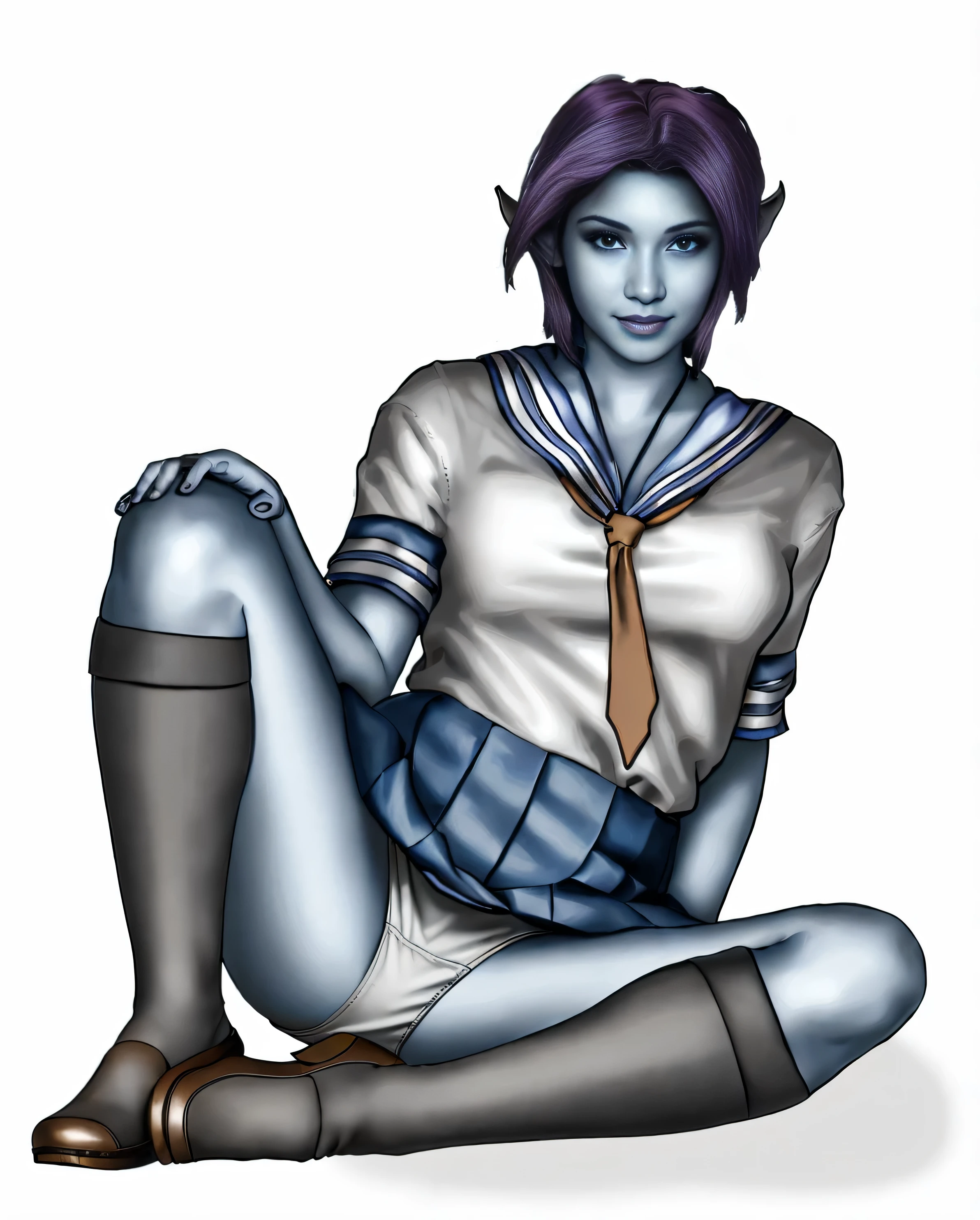 ((masterpiece, best quality)), ((19 year old)), (((Curvy))), ((Dark Elf woman with medium length dark purple hair)), sitting, blue and white uniform, blue pleated skirt, ((white cotton panties)), black socks, brown shoes, smiling, (((realistic art style)))