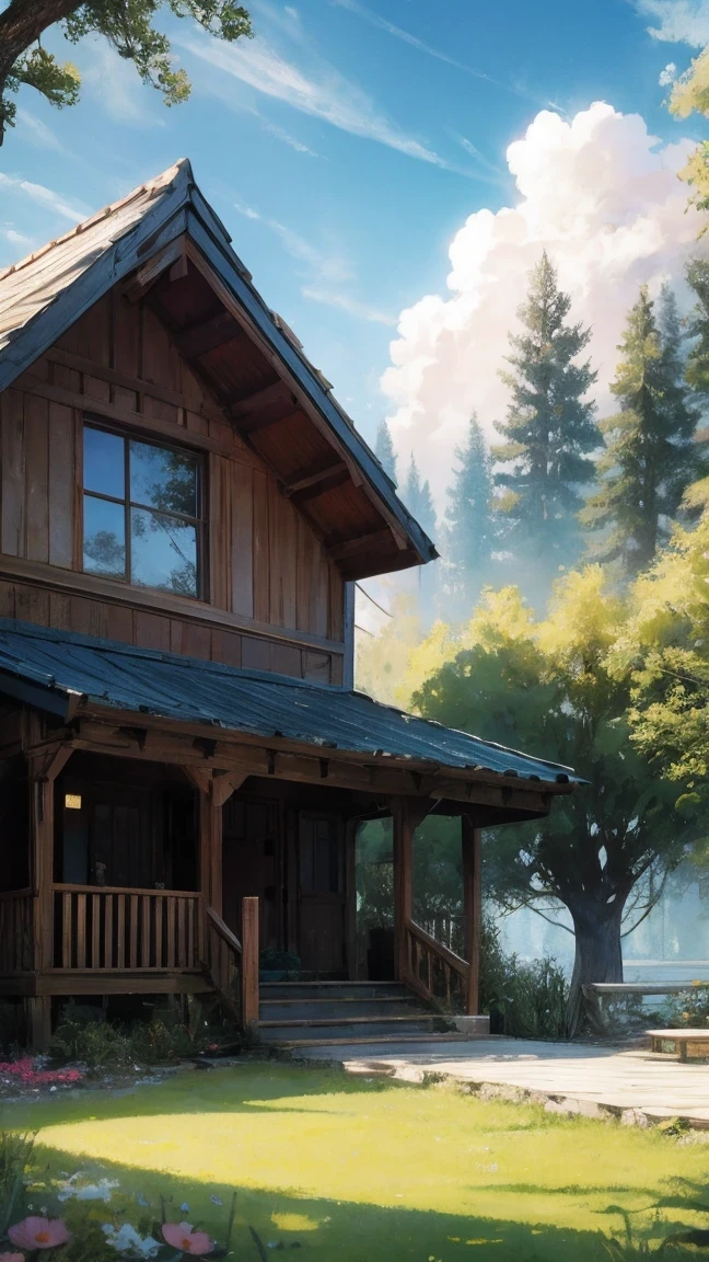 Shuwuu, tree, scenery, stairs, no humans, outdoors, house, window, plant, fantasy, nature, sky, grass, building, water, flower, overgrown, forest