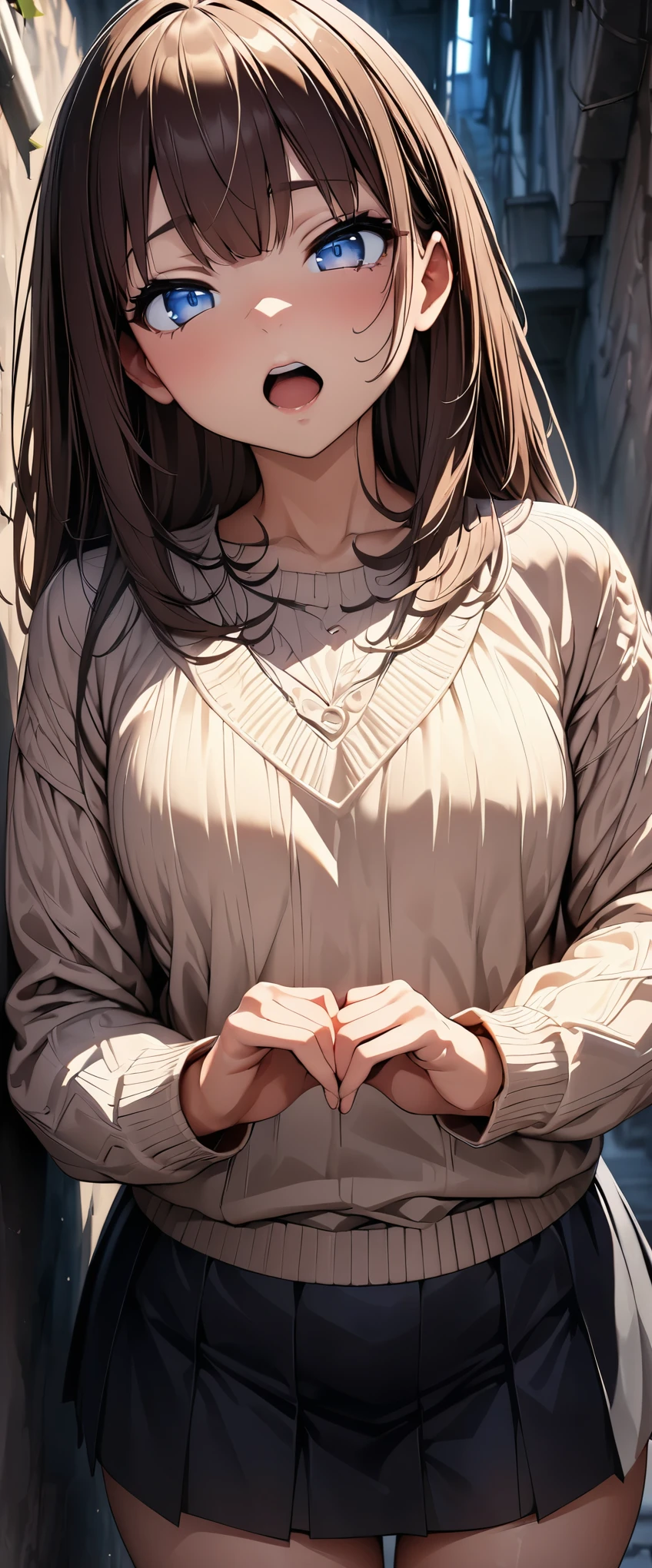 (highest quality, 4k, 8K, High resolution, masterpiece:1.2), Super detailed, back alley, In the shadows of hidden buildings, low angle shot:1.2, (1 person, JK, spring knit, Tight Skirt, ), (embarrassing), open your mouth a little, view audience, (Details of a well-formed face, beautiful eyes), ((Well-formed fingers)), (take a pose, Hanging on the wall), dark brown hair, long straight hair, cute, genuine, young beauty, Correct perspective, background blur taste,