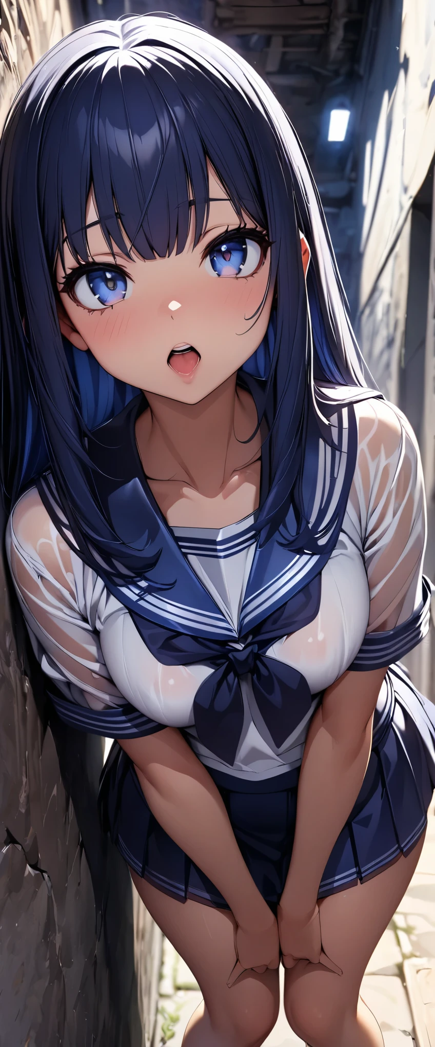 highest quality, 4k, 8K, High resolution, masterpiece:1.2), Super detailed, back alley, In the shadows of hidden buildings, low angle shot:1.2, (1 person, JK, See-through sailor suit, See-through underwear, mini skirt, ), (embarrassing), open your mouth a little, view audience, (Details of a well-formed face, beautiful eyes), ((Well-formed fingers)), (take a pose, Hanging on the wall),blue hair, long straight hair, cute, genuine, young beauty, Correct perspective, background blur taste,