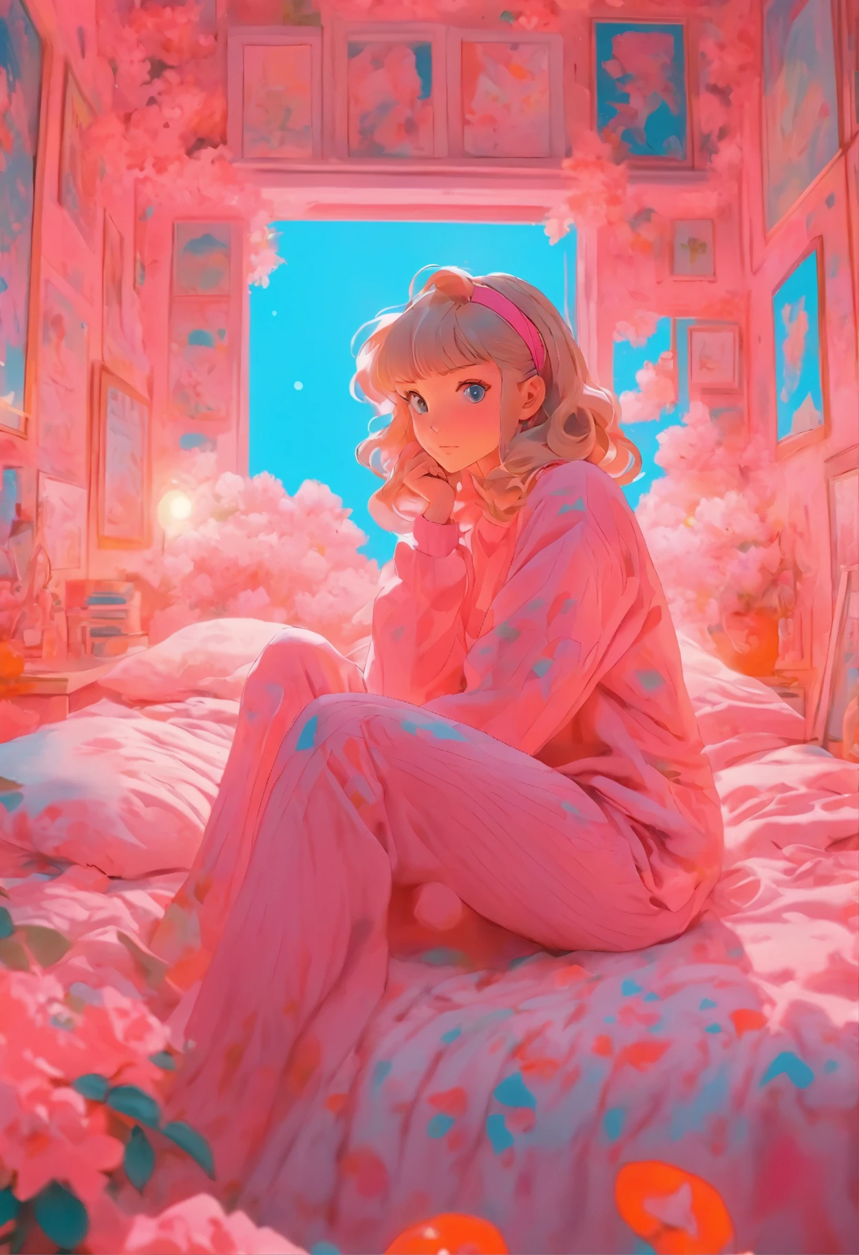 arafed woman sitting on a bed in a bedroom with a pink wallpaper, a pastel by Leila Faithfull, flickr, fine art, in style of petra collins, the walls are pink, posing in a bedroom, petra collins, girl in a bed of flowers, petra collins and mc. escher, 9 0 s bedroom, in her room, with soft pink colors