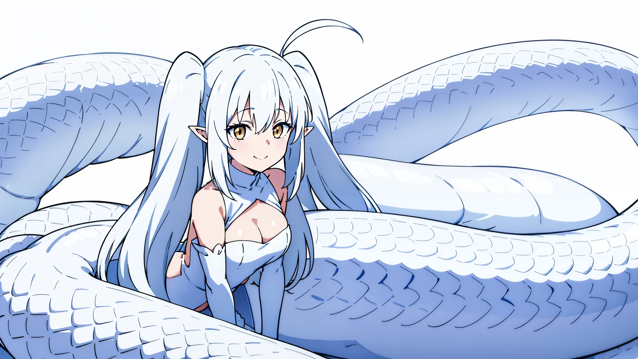 1girl,16s,long hair, twintails,white hair,ahoge,lamia tail,((white lamia tail)),(white background),pointy ears,sleeveless,white shirt,(little cleavage),happy,smile,white eyes