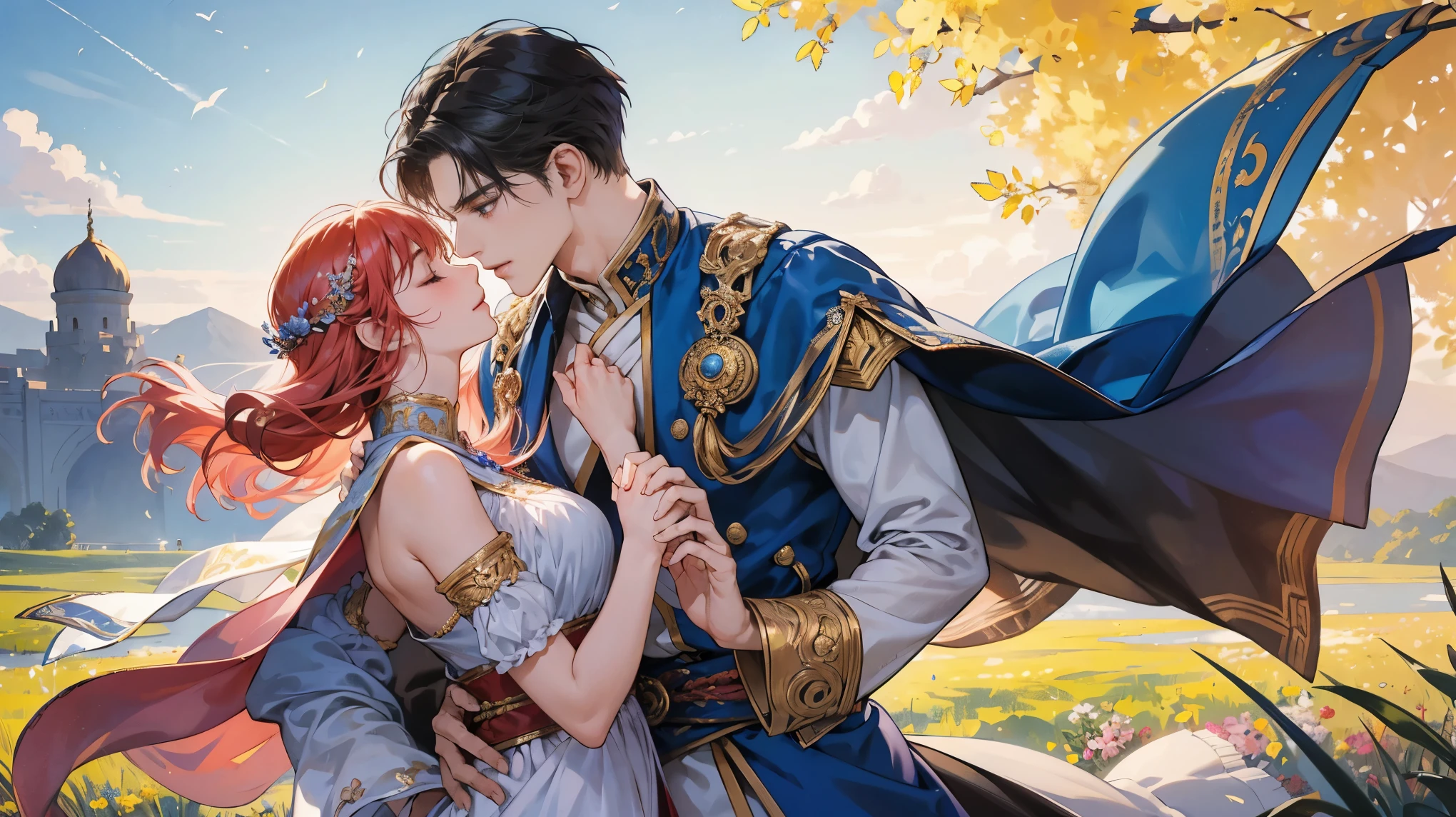 An intimate encounter between a man and a woman unfolds in a heartwarming and enchanting scene.。The stage is、steppe of central asia。The banks of the great river sparkling in the sunlight。Fantastic and majestic continental scenery。Creates a romantic atmosphere。 They stand facing each other,。their heights are different from each other。 emphasizes their unique physical characteristics。 That man is his height,Has dark hair that frames his striking face。The man is the crown prince of a steppe nomadic empire.。The man was wearing an ultramarine costume.、It is decorated with intricate golden embroidery.。A woman is a civilian in the oasis and is wearing Uyghur national costume.。The woman is delicate and .。Show off your radiant beauty with flowing, brightly colored hair. Their lips meet in a passionate kiss。 their pure love、Emphasis is placed on transcending class and culture.。 This magical moment captures the essence of their love,。evokes a feeling of sweetness and enchantment。symbolism、Impressionism、romantic、Persian miniature、Reminiscent of the style of Alma Tadema and Gustave Moreau、It has an exotic, luxurious and profound charm.。
