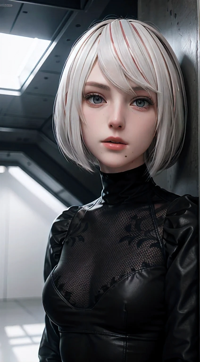 Perfect full height photo, wear a black turtleneck, Epic character composition, White hair, Alessio Albi, Nina Masik, sharp focus, daylight, Subsurface scattering, f2, 35 mm,