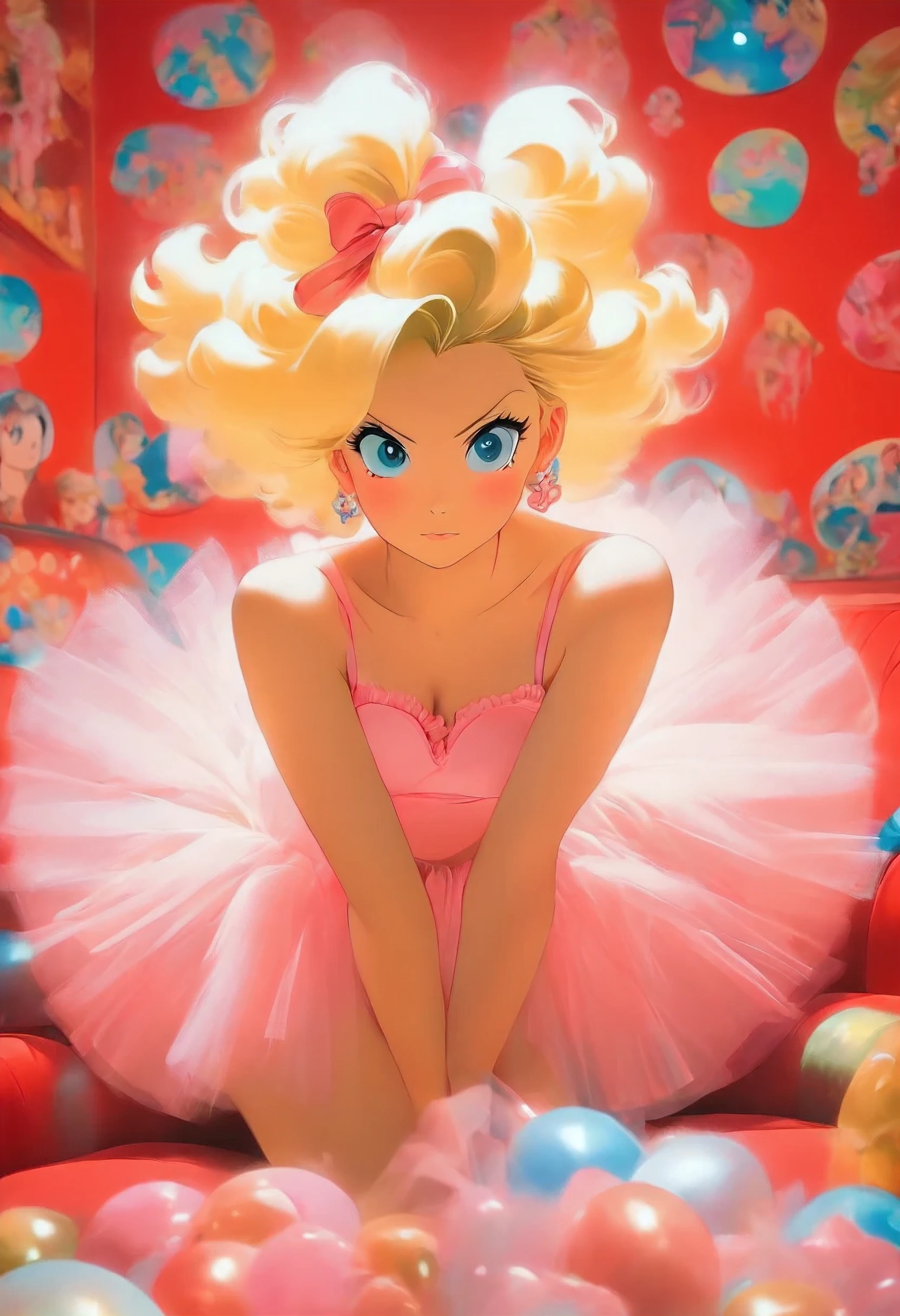 blond woman in a pink tutu posing on a red couch, a pastel by David LaChapelle, flickr, rococo, in style of petra collins, petra collins, # rococo, ellen von unwerth, , , david la chapelle, 1986, 1 9 8 6, steven meisel photography