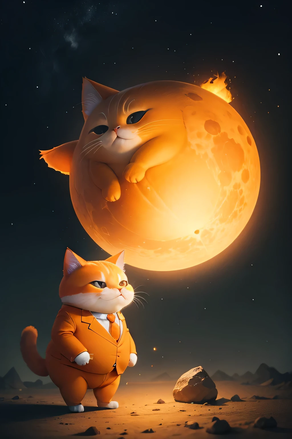 1 fat cat, orange color, very short legs, wearing a suit, standing on the moon. There is an aura around