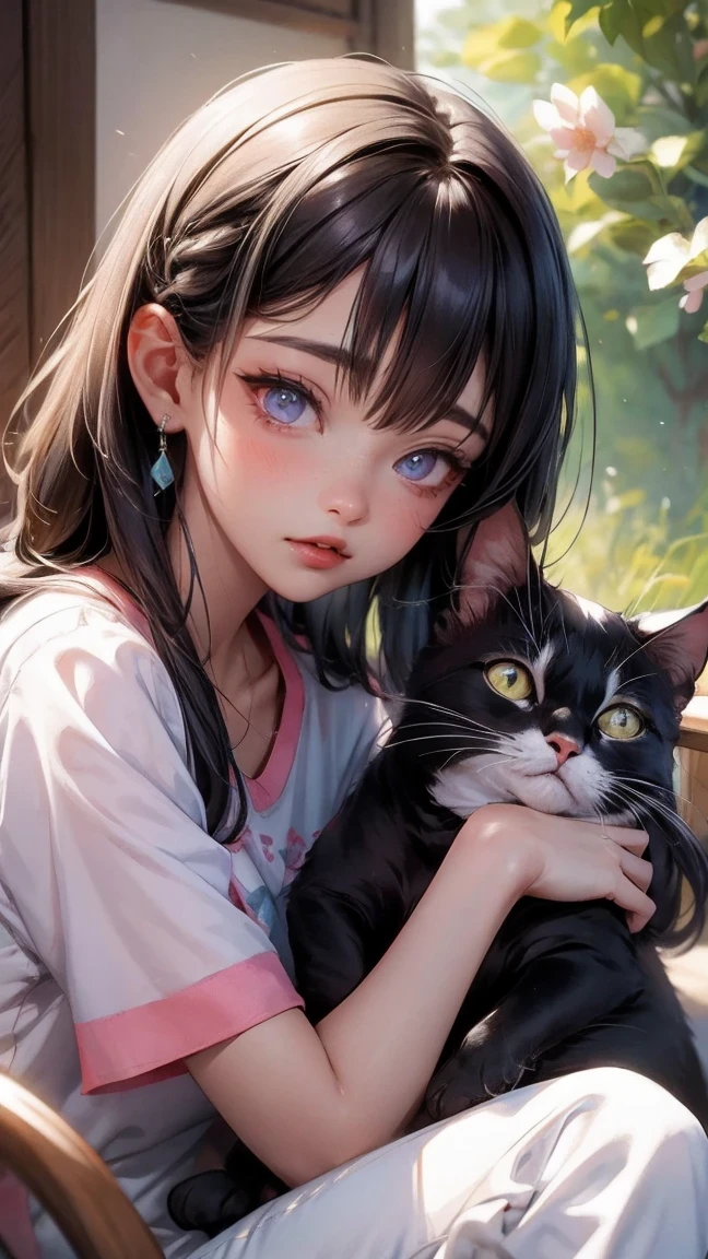 (Best Quality,4K,8K,HD,Masterpiece:1.2),Super Detailed,Realistic:1.37,Illustration,Studio Ghibli Inspired,Bed Scene,(Girl,Black Hair,Lazily Nuzzling Cat Sleeping in the Morning),Laziness,Adorable,Detailed Eyes,Detailed Lips,Reluctant,Wanting to Sleep,Two Laziness Cats,The Essence of Spring,Spring Flowering Trees,Spring Flowers,Cherry Blossoms,Bright Colors. Warm sunshine, soft light, cozy atmosphere, energetic, youthful.