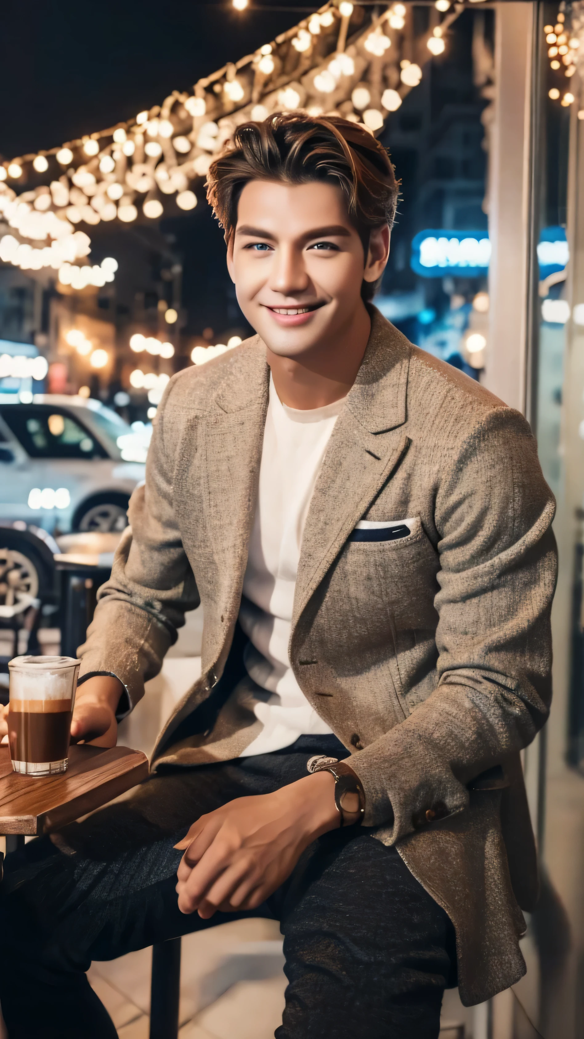 1 man, sitting outside a cafe, holding a cup of coffee, brown hair, casual style, blue eyes, skin coolmen, smiling, good picture, HD picture, HD graphics, masterpiece, flashy clothes, lots of decorative lights, picture realistic, HD resolution, HD quality, Highlights, cool men, detailled view,