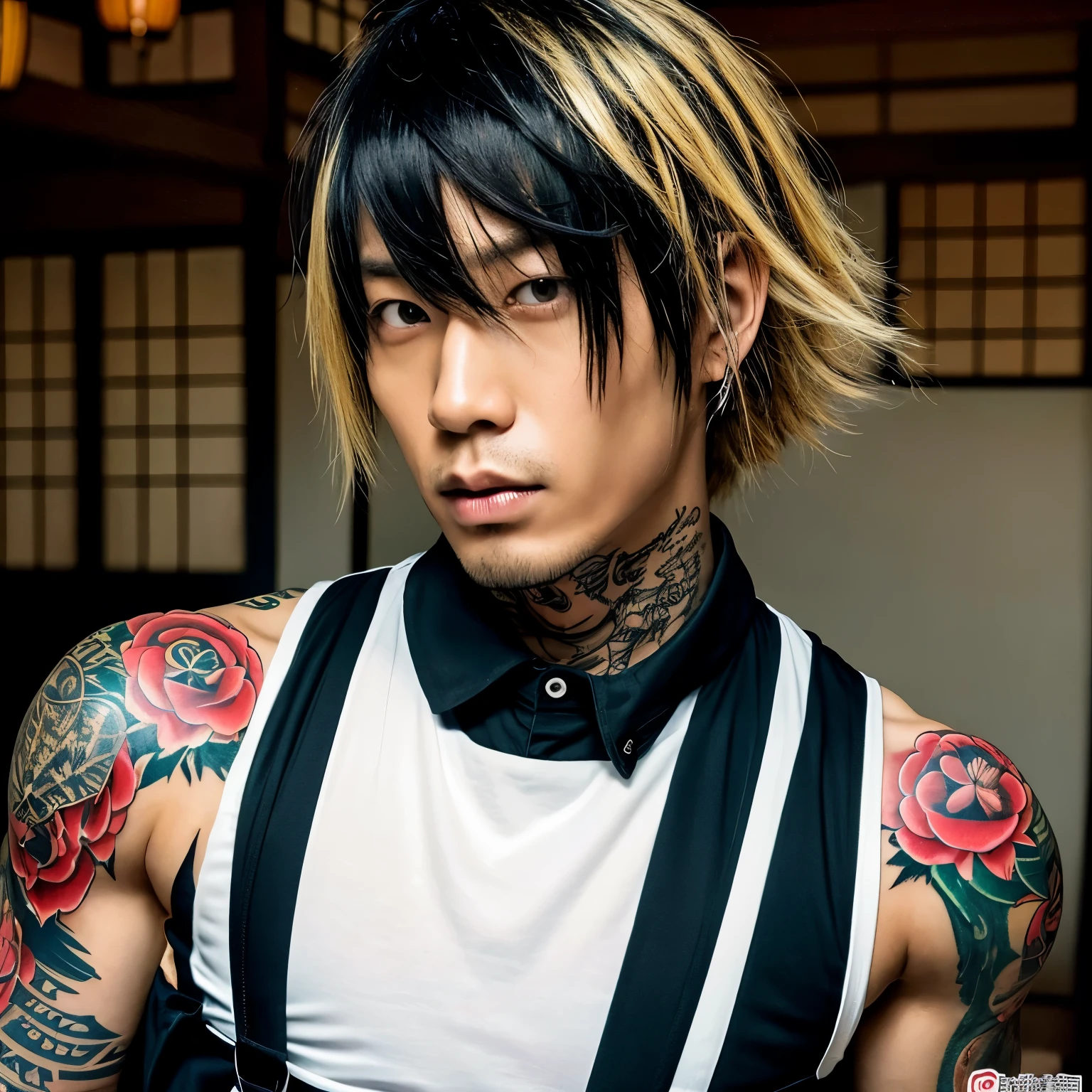 1 man, Japanese man, male, Asian eyes, muscular, broad shoulders, yakuza tattoos, hairstyle Visual Kei style, hair Visual Kei, black men's shirt and black pants, ultra detailed face, hyperrealistic, realistic representation, long hair, long hair, 30 years old, age 30 years, blond, blonde hair