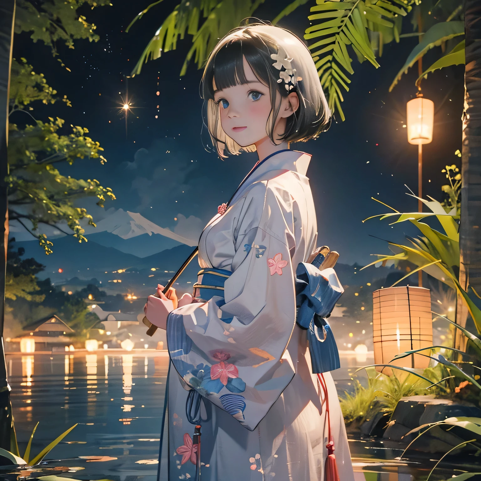 ((1girl,cute,japanese,young,short beautiful silver hair,pixie cut,blunt bangs,beautiful blue eyes)),
(solo),(japanese beautiful floral kimono,yukata),((masterpiece, highest resolution,best quality)), (beautiful illustration), (looking at the viewer), innocent smile,beautiful japanese festival,fireworks,flowers,stall、stall,crowded,night,