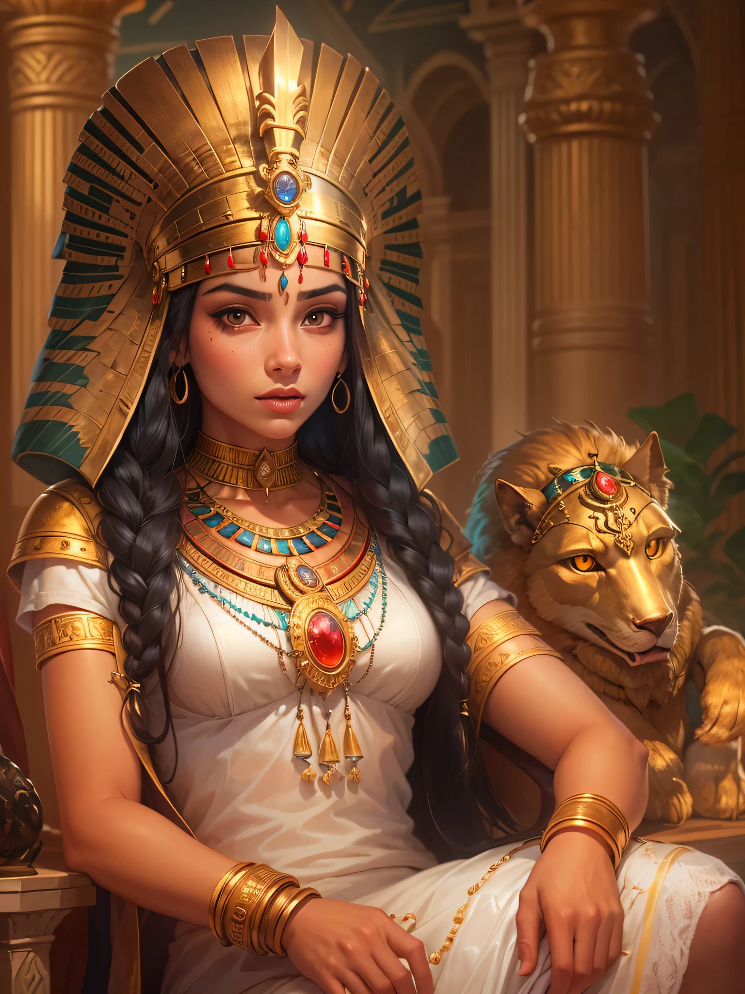 Woman with golden headdress and red eyes, cleopatra portrait, cleopatra, Egyptian princess, Egyptian, cleopatra in her palace, android girl in Egyptian ruins, beautiful cleopatra, Astri Lawn, Queen, bet, Princess Liv in Ancient, portrait of cleopatra, Sakimi, imperial portrait, warrior queen, goddess portrait, epic legends game icon