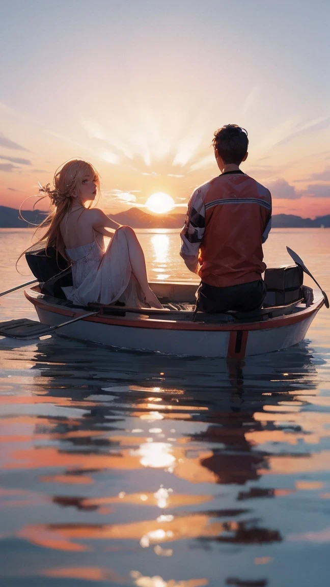 Golden pond，sunset，sparkling，Backlighting equipment for couple on boat:SonyA77(Standalone) [SONY（Sony）digital camera]  lens:70-300mm F4-5.6 SSM time:2017-09-24 17:37:02 Shutter:1/8000 aperture:F/6.3 focal length:300mm sensitivity:0  