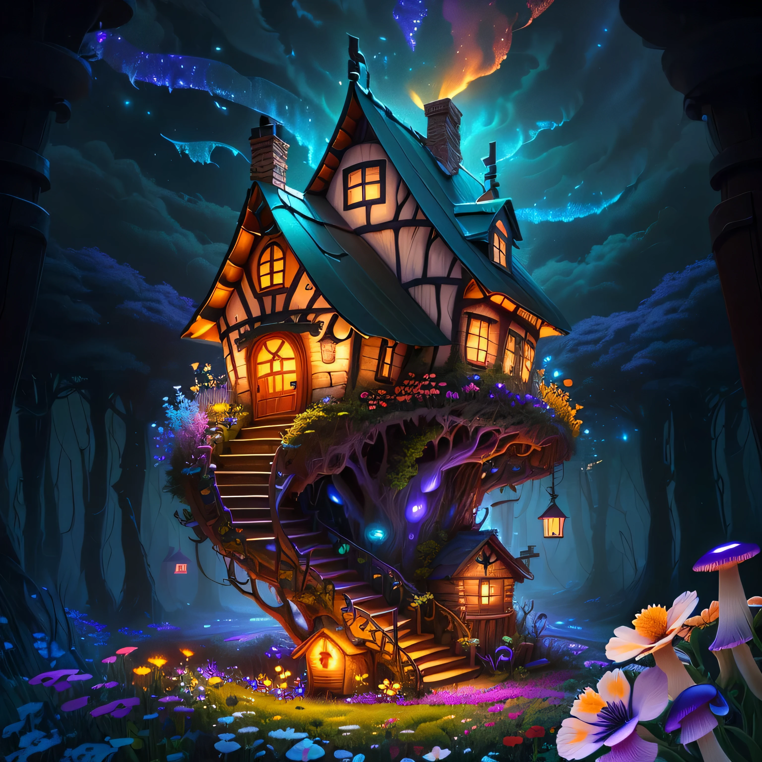 (Swirling clouds and colorful flowers), (wild firefly fantasy mushroom house), (midnight), (unusual), (Mysterious), (That&#39;s ridiculous), dream-like, disney, paint:thomas kinkade, art station, sharp focus, Inspiring 8K wallpaper,
