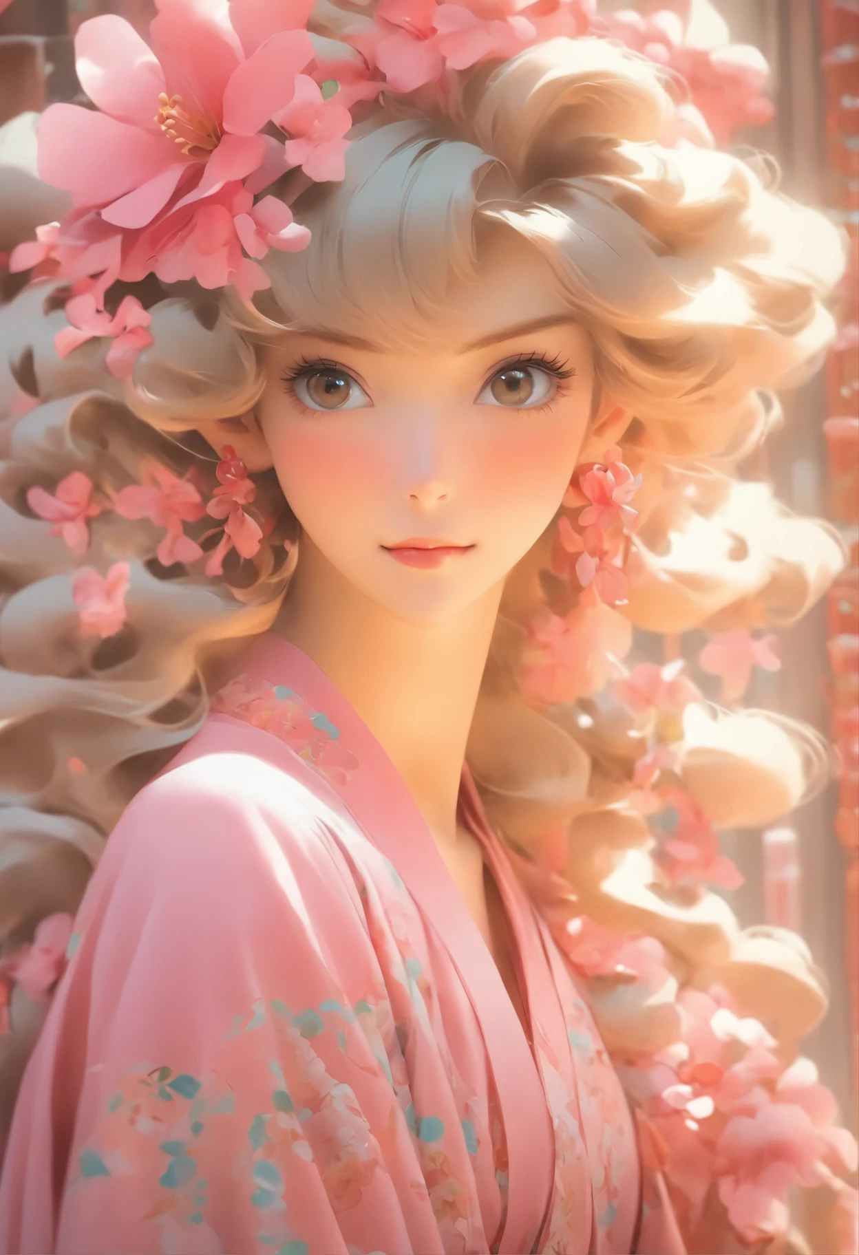a close up of a woman in a pink robe posing for a picture, a pastel by Liu Haisu, flickr, art nouveau, sleepwear, wearing pink floral gown, silk robes, wearing a luxurious silk robe, wearing pink floral chiton, wearing a nightgown, wearing a long flowing robe, wearing fuchsia silk robe, nightgown, in a silk robe