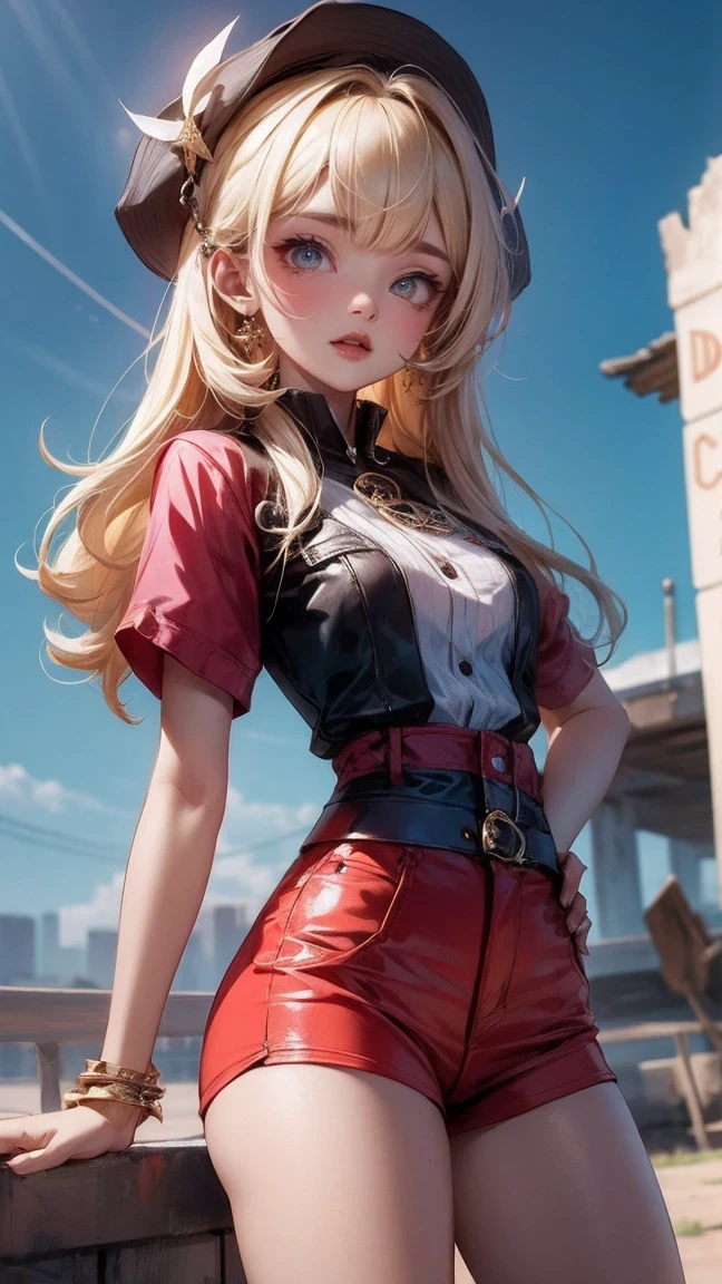 Cute Girl, cowboy shot,masterpiece, best quality, dynamic poses, Dynamic angle, ruins, dynamic background, colorful background,  1 girl, permanent,