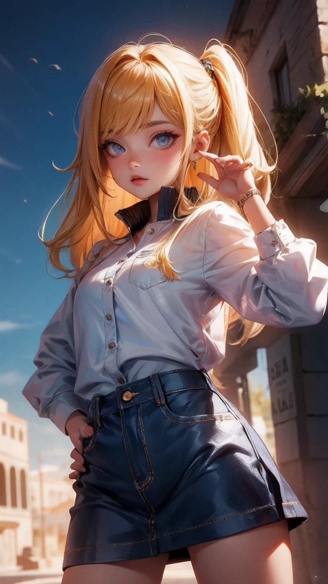 Cute Girl, cowboy shot,masterpiece, best quality, dynamic poses, Dynamic angle, ruins, dynamic background, colorful background, 1 girl, permanent,