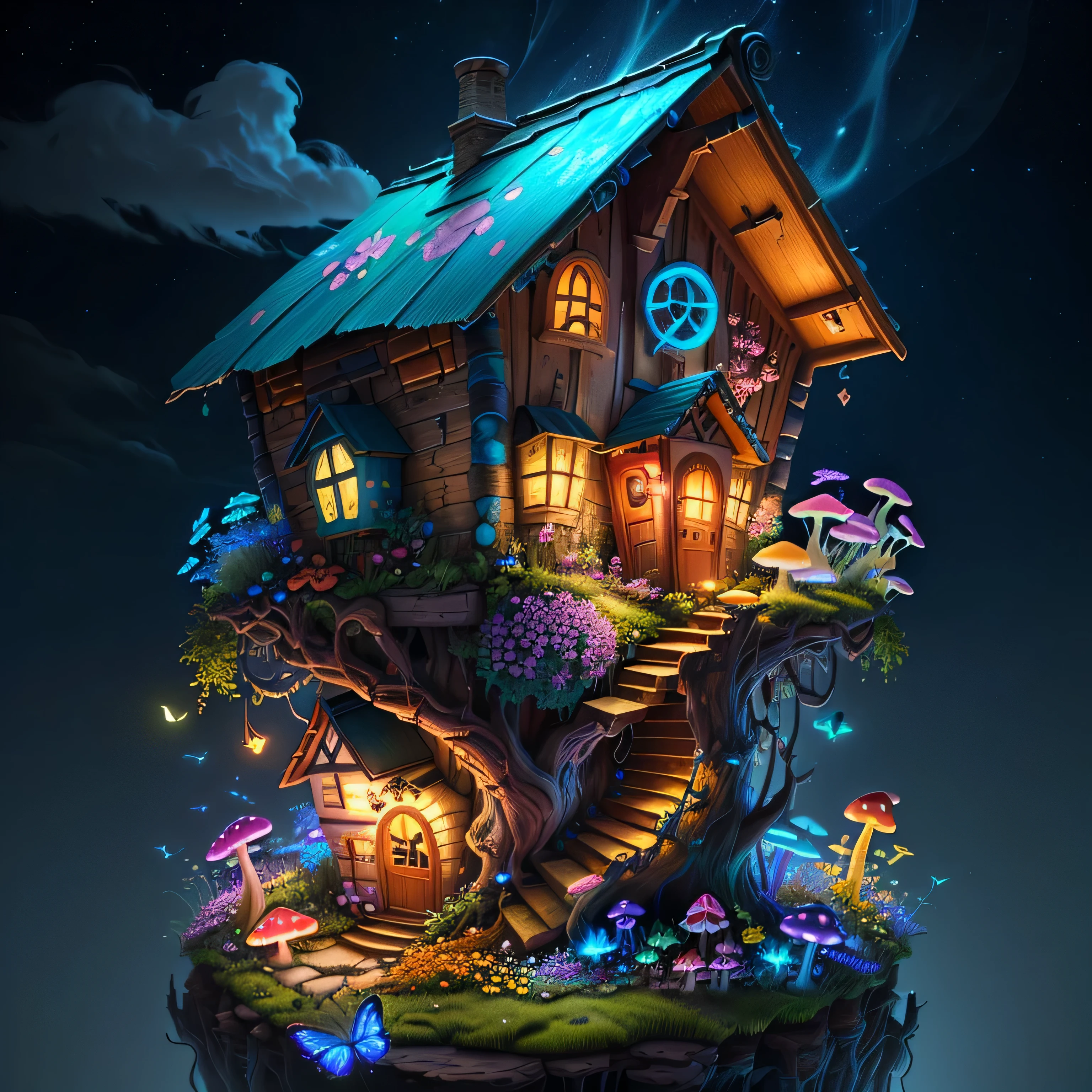 (Swirling clouds and colorful flowers), (wild firefly fantasy mushroom house), (midnight), (unusual), (Mysterious), (That's ridiculous), dream-like, disney, paint:thomas kinkade, art station, sharp focus, Inspiring 8K wallpaper,