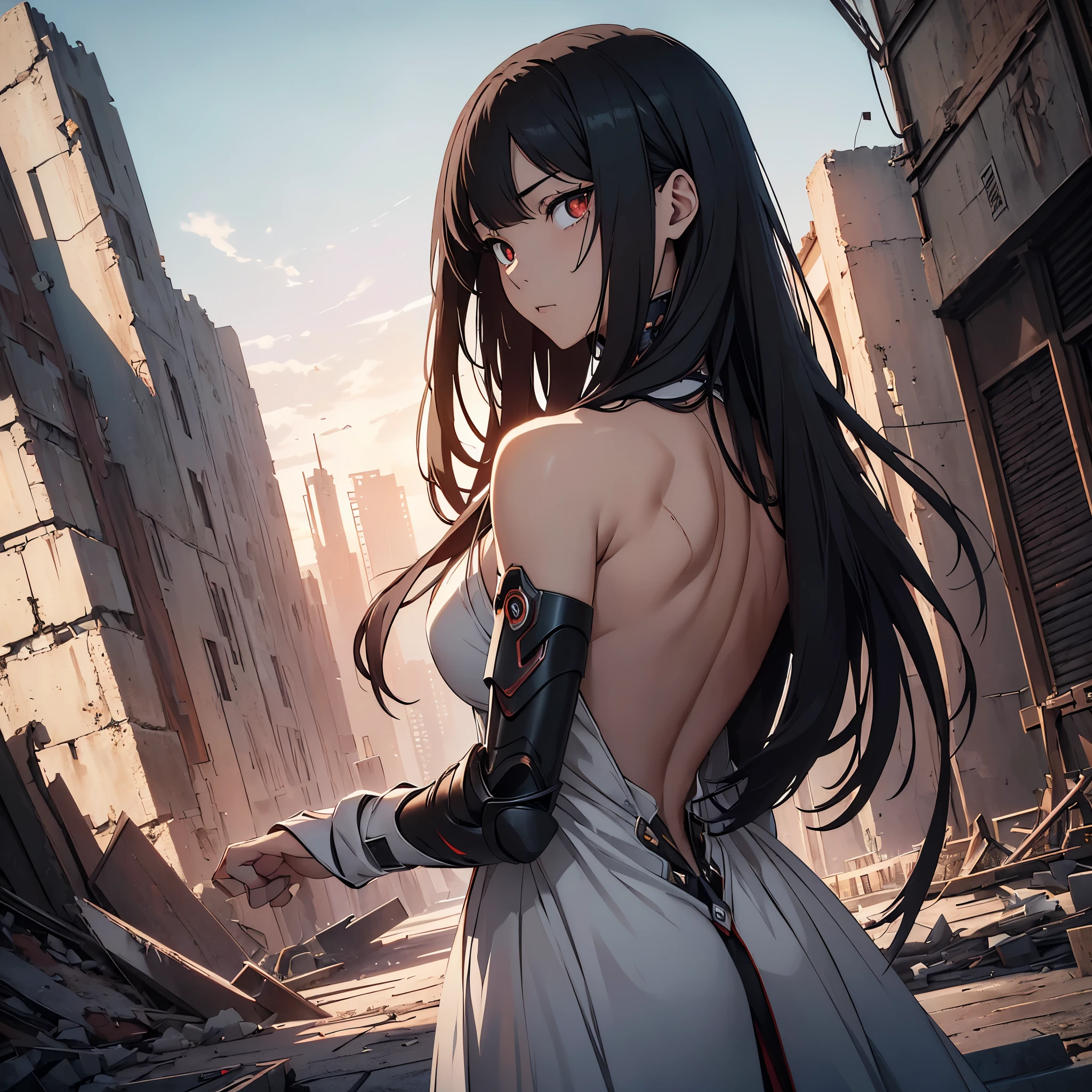 top-quality、Top image quality、masterpiece、girl with((18year old、cyborgs、System Dynamicetallic body、Best Bust、Medium bust、Long black hair、 red eyes、Beautiful back、deadpan、Show Back View、low angles))hiquality、Beautiful Art、Background with(A desert、Collapsed buildings、natta、nigh sky、stele々)),masutepiece、Elaborate design、visualart、depth of fields、The best lighting、highestdetailed、low angles