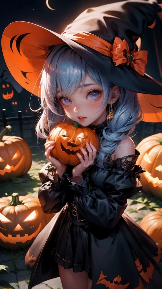 Cute Girl, cowboy shot,(extremely detailed CG unity 8k wallpaper),(masterpiece), (best quality), (ultra-detailed), (best illustration),(best shadow), (sharp eyeliner, eyeshadow, detailed eyes:1.1), (halloween, night sky, jack-o'-lantern, :1.1), ,BREAK, (vectorhalloween:1.2)