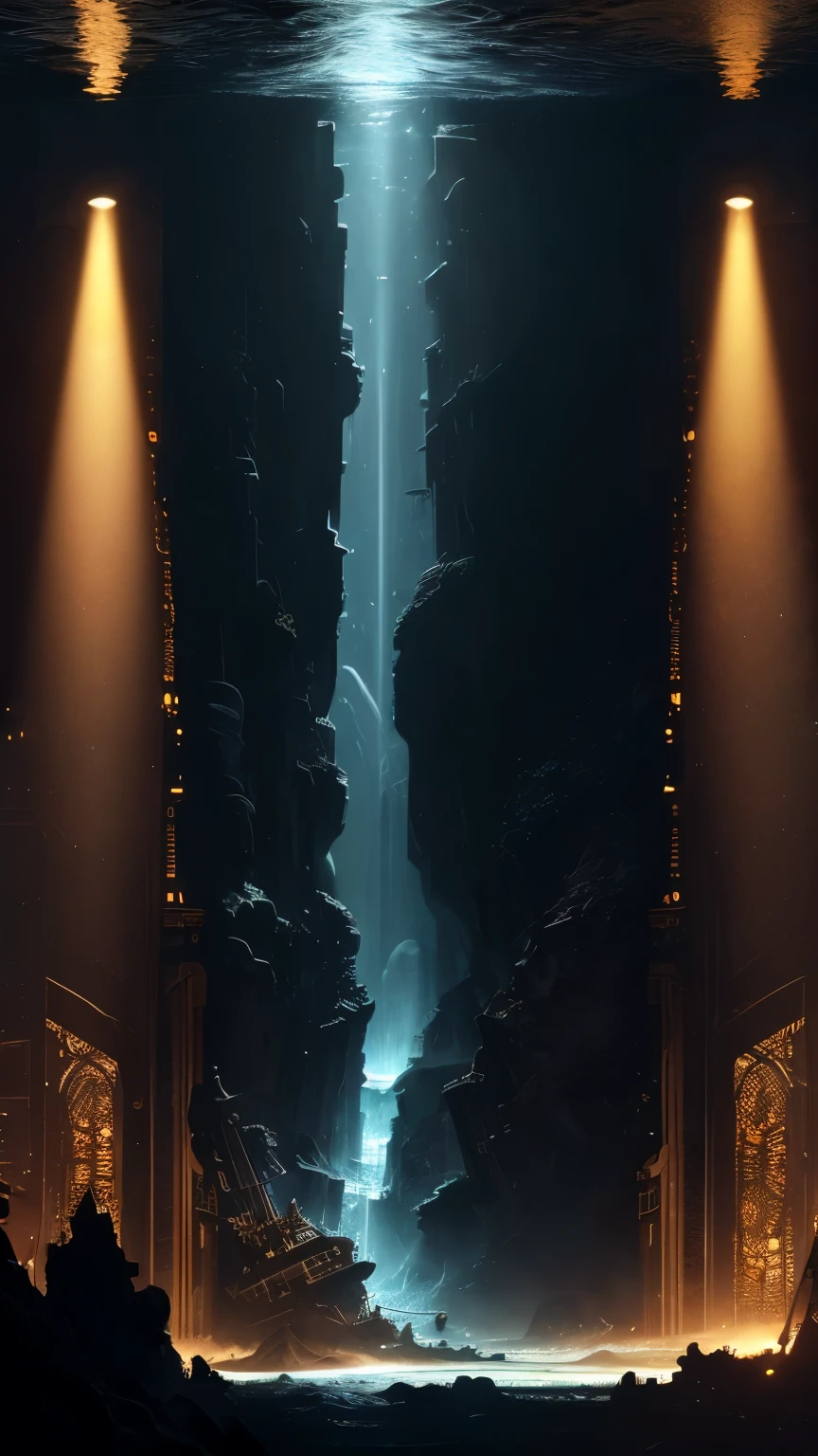 best quality, super fine, 16k, incredibly absurdres, extremely detailed, cross section of the Mariana Trench, atlantis, huge amount of gear, sunlight shining through the deep, pitch black ocean, fantastic and mysterious, steampunk, dieselpunk, clockpunk, blend art, mixture art, fractal art, design art