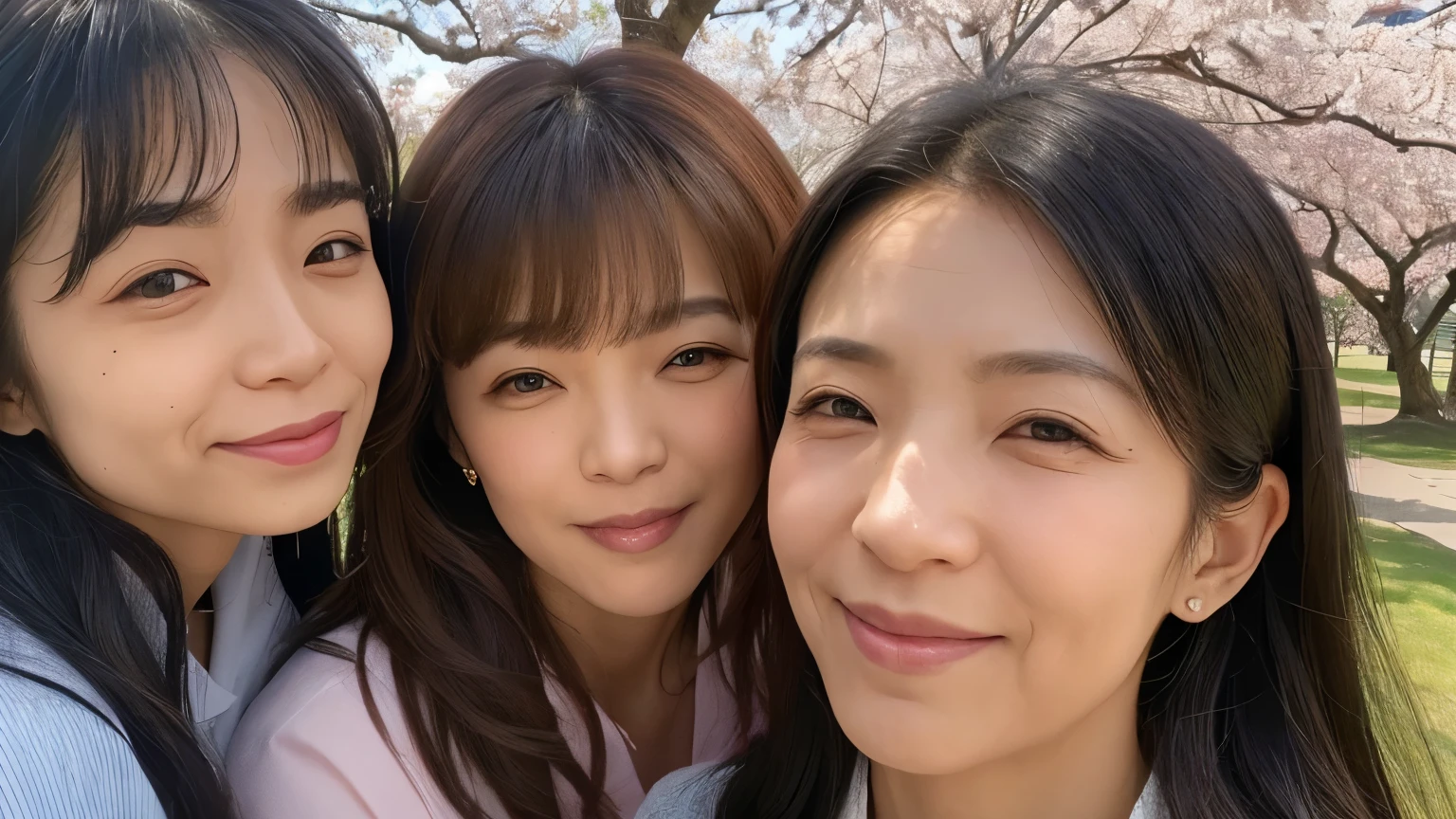 NSFW, ((Top Quality)), ((8K)), ((Masterpiece: 1.3)), (Perfect Appearance), (Photorealism: 1.2), ((3 women having a chat)), ((3 women)), (A park with cherry blossoms in full bloom), (3 woman looking up at the trees overhead),

Japanese 3 women, (3 women, 55 and 32 and 46 years old), Realistic skin texture, Fine wrinkles throughout the skin, Dull skin, Skin without moisture, Wrinkles on the face, Wrinkles on the corners of the eyes, Double eyelids, tear bags on the lower eyelids, Crying moles, Lips are thinly opened, The corners of his mouth are raised and he smiles gently, Dimples, medium long hair, ((whole body)),