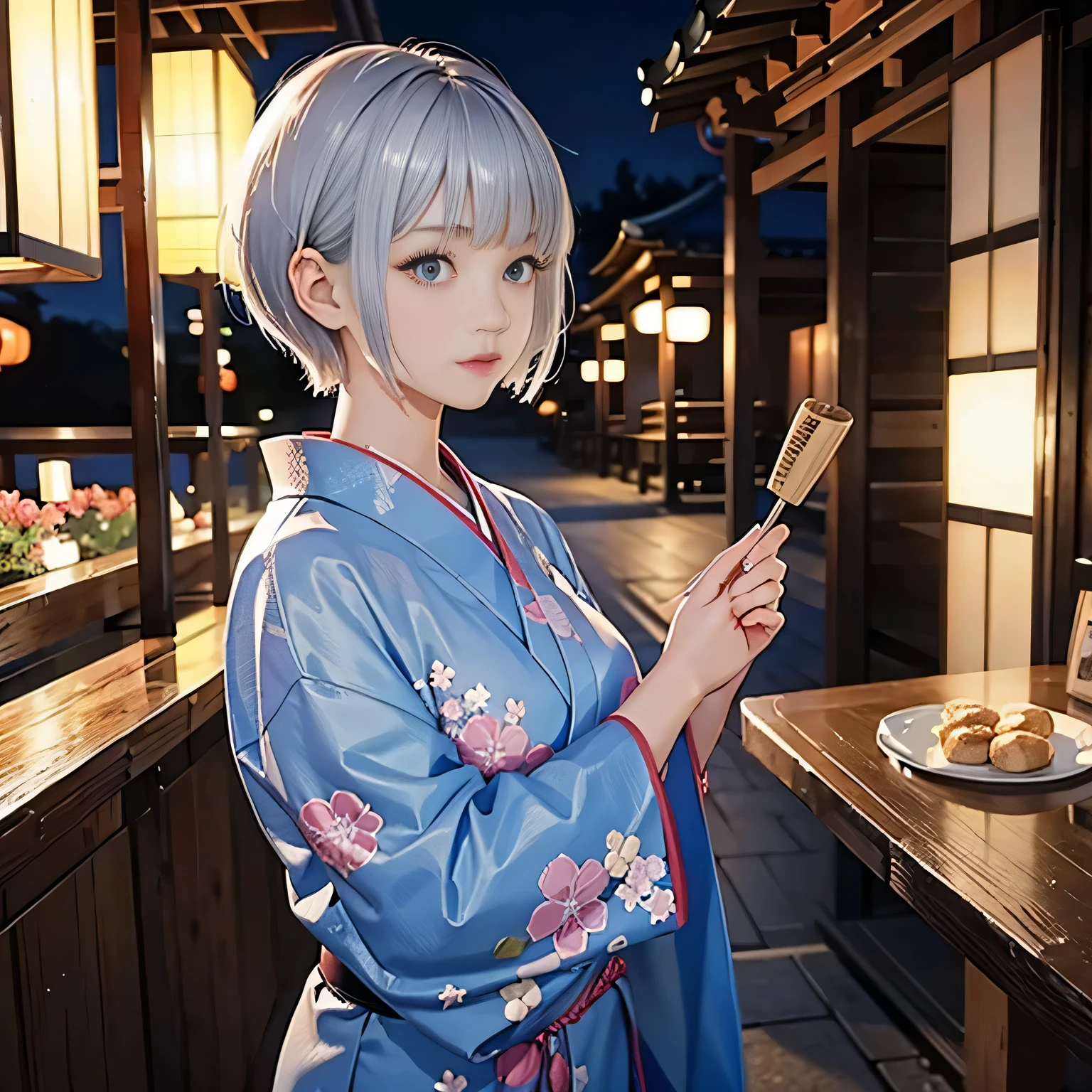 ((1girl,cute,japanese,young,short beautiful silver hair,pixie cut,blunt bangs,beautiful blue eyes)),
(solo),(japanese beautiful floral kimono,yukata),((masterpiece, highest resolution,best quality)), (beautiful illustration), (looking at the viewer), innocent smile,beautiful japanese festival,fireworks,flowers,stall、stall,crowded,night,