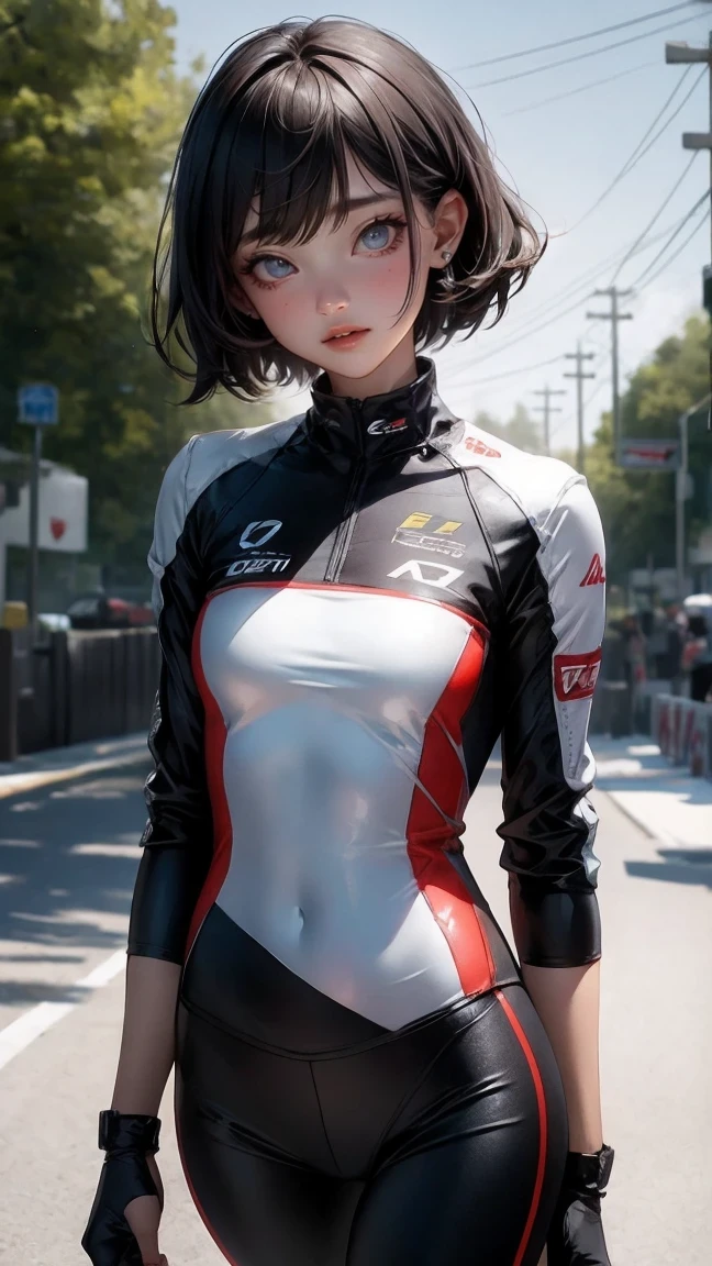 Cute Girl, cowboy shot,he saw, (database), Beautiful curves, attractive, short hair, Beautiful and delicate eyes, absurd, high resolution, Super detailed, (Highest image quality), (masterpiece), (detailed description of eyes), (8k wallpaper), (Detailed description of face), depth of field, (lens reflection), permanent, Lexus IS350 GT300 base model '08 beside, black racing, (F1_racing_suit), actual, Stunning visual effects, car sticker, beach track, sunny