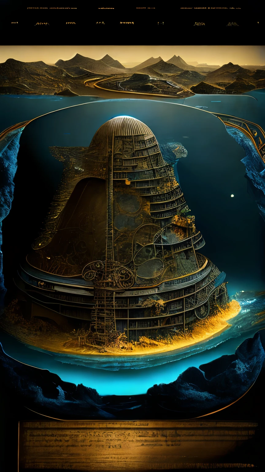 best quality, super fine, 16k, incredibly absurdres, extremely detailed, cross section of the Mariana Trench, atlantis, huge amount of gear, sunlight shining through the deep, pitch black ocean, fantastic and mysterious, steampunk, dieselpunk, clockpunk, blend art, mixture art, fractal art, design art