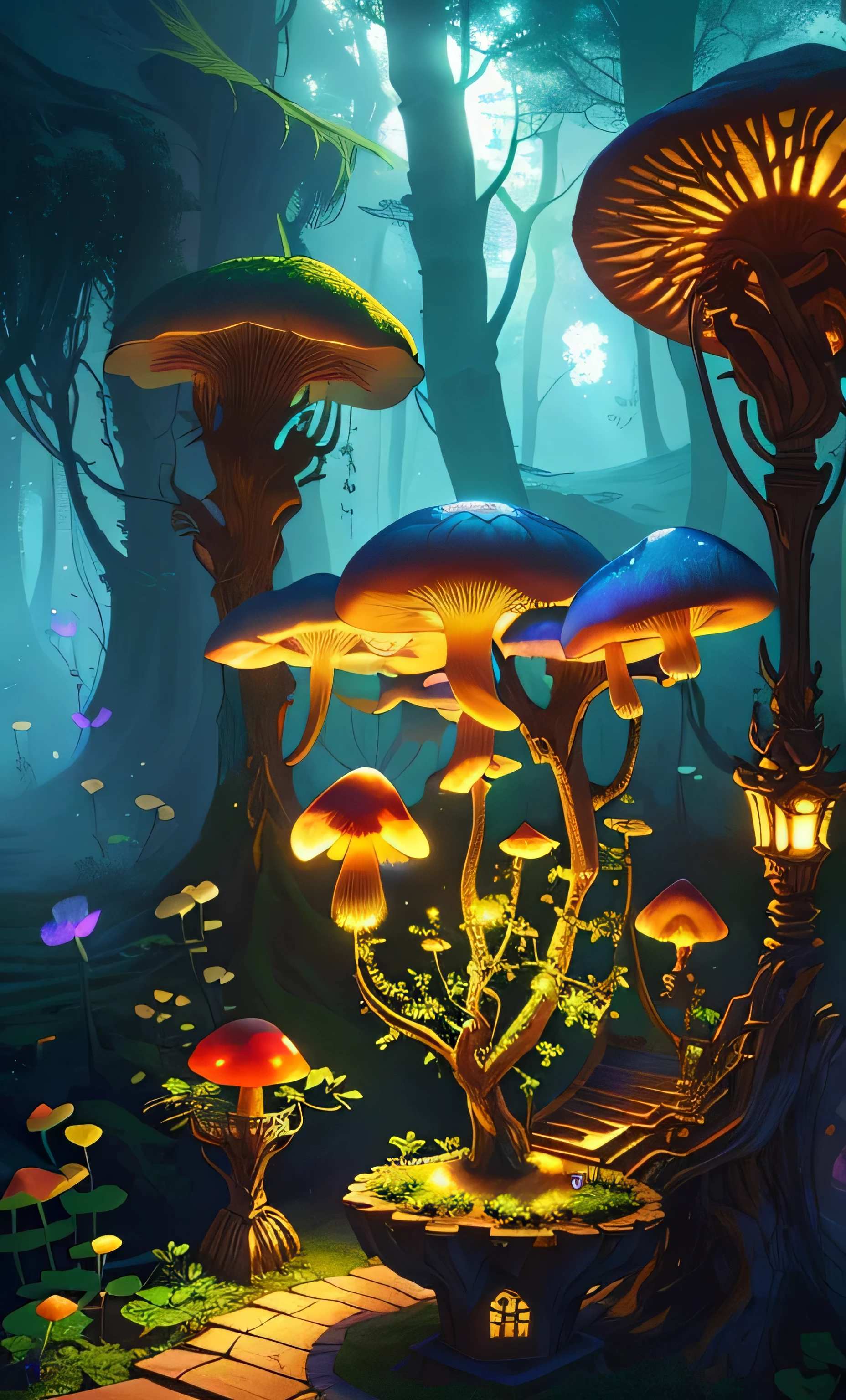 dream tree house,A shining tree blooms in the center,Beautiful digital art of a magical fantasy forest,That magical tree in the magical fantasy forest,dream tree house,Colorful digital art in fantasy art style,Detailed and gorgeous digital 2D fantasy art,A tree house full of magic,Colorful concept art of digital 2D fantasy art,Fantastic atmosphere of the magical forest,Mushroom forest with glass goblets,fractal art,morning glory,butterfly,lotus,4 leaf clover,morning glory,Cyber mushroom forest,Super detailed digital fantasy art。Mushrooms are everywhere in the photo,The unique mushroom shape creates a fantastic Casa scene.