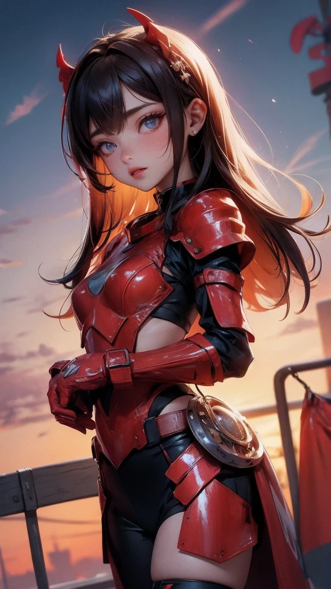 Cute Girl, cowboy shot,ridiculous resolution, High resolution, (masterpiece: 1.4), Super detailed, And me, Red armor and red wings, fly in the sky (1.8) The background is wild, fire